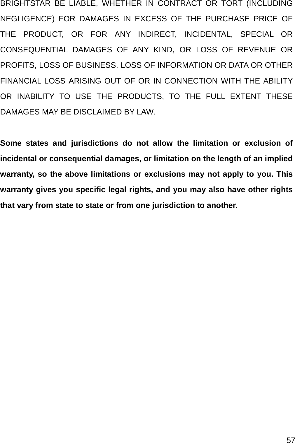  57  BRIGHTSTAR BE LIABLE, WHETHER IN CONTRACT OR TORT (INCLUDING NEGLIGENCE) FOR DAMAGES IN EXCESS OF THE PURCHASE PRICE OF THE PRODUCT, OR FOR ANY INDIRECT, INCIDENTAL, SPECIAL OR CONSEQUENTIAL DAMAGES OF ANY KIND, OR LOSS OF REVENUE OR PROFITS, LOSS OF BUSINESS, LOSS OF INFORMATION OR DATA OR OTHER FINANCIAL LOSS ARISING OUT OF OR IN CONNECTION WITH THE ABILITY OR INABILITY TO USE THE PRODUCTS, TO THE FULL EXTENT THESE DAMAGES MAY BE DISCLAIMED BY LAW.  Some states and jurisdictions do not allow the limitation or exclusion of incidental or consequential damages, or limitation on the length of an implied warranty, so the above limitations or exclusions may not apply to you. This warranty gives you specific legal rights, and you may also have other rights that vary from state to state or from one jurisdiction to another.  