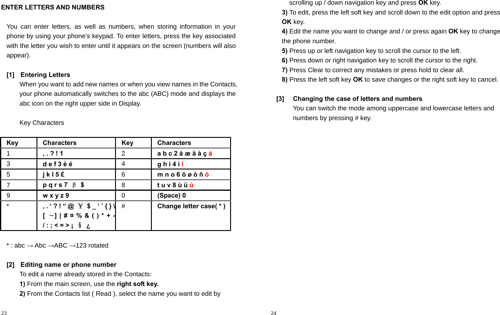                                                                                            23 ENTER LETTERS AND NUMBERS  You can enter letters, as well as numbers, when storing information in your phone by using your phone’s keypad. To enter letters, press the key associated with the letter you wish to enter until it appears on the screen (numbers will also appear).  [1] Entering Letters When you want to add new names or when you view names in the Contacts, your phone automatically switches to the abc (ABC) mode and displays the abc icon on the right upper side in Display.  Key Characters    Key Characters Key Characters 1  , . ? ! 1   2  a b c 2 å æ ä à ç á  3  d e f 3 è é   4  g h i 4 ì í  5  j k l 5 £   6  m n o 6 ö ø ò ñ ó  7  p q r s 7  β $  8  t u v 8 ù ü ú  9  w x y z 9   0  (Space) 0   *  , . ‘ ? ! “ @  ￥  $ _ ‘ ˆ { } \[  ∼] | # ¤ % &amp; ( ) * + -/ : ; &lt; = &gt; ¡  § ¿  #  Change letter case( * )  * : abc → Abc →ABC →123 rotated  [2]  Editing name or phone number To edit a name already stored in the Contacts: 1) From the main screen, use the right soft key. 2) From the Contacts list ( Read ), select the name you want to edit by                                                                                        24 scrolling up / down navigation key and press OK key. 3) To edit, press the left soft key and scroll down to the edit option and press OK key. 4) Edit the name you want to change and / or press again OK key to change the phone number. 5) Press up or left navigation key to scroll the cursor to the left. 6) Press down or right navigation key to scroll the cursor to the right. 7) Press Clear to correct any mistakes or press hold to clear all. 8) Press the left soft key OK to save changes or the right soft key to cancel.  [3]  Changing the case of letters and numbers You can switch the mode among uppercase and lowercase letters and numbers by pressing # key.  