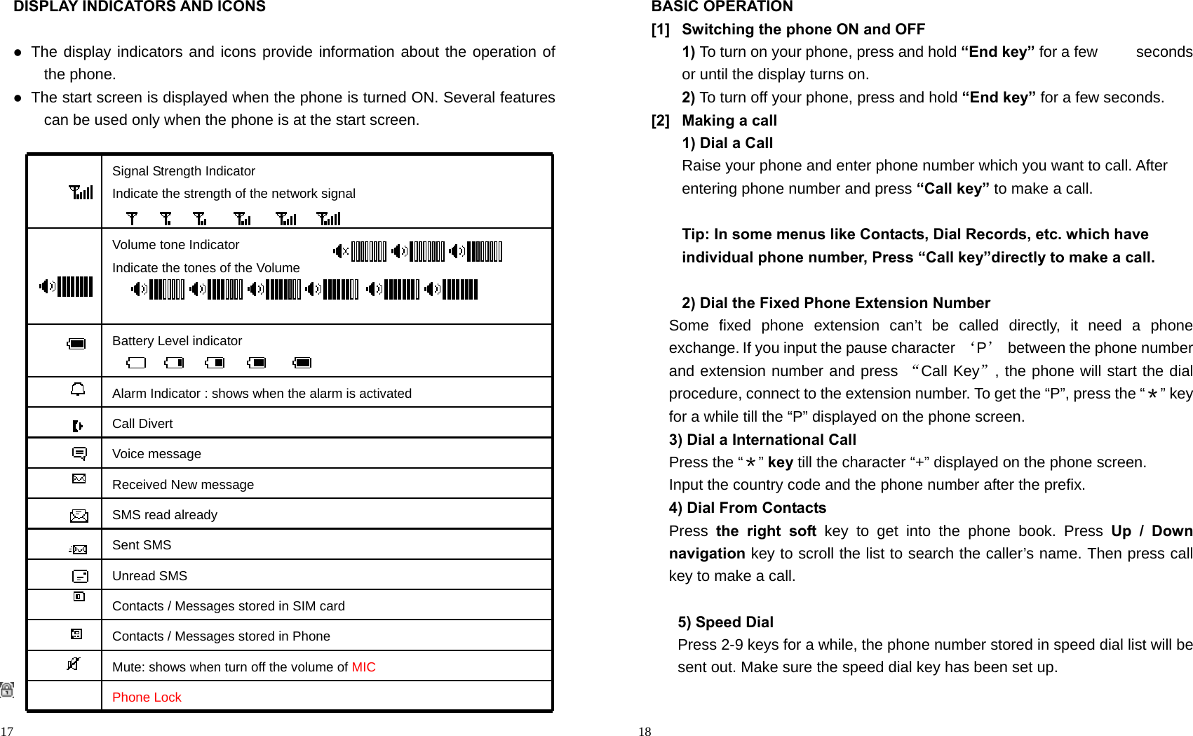                                                                                            17 DISPLAY INDICATORS AND ICONS   The display indicators and icons provide information about the operation of the phone.  The start screen is displayed when the phone is turned ON. Several features can be used only when the phone is at the start screen.                           Signal Strength Indicator Indicate the strength of the network signal   Volume tone Indicator Indicate the tones of the Volume    Battery Level indicator    Alarm Indicator : shows when the alarm is activated  Call Divert  Voice message  Received New message   SMS read already  Sent SMS  Unread SMS   Contacts / Messages stored in SIM card   Contacts / Messages stored in Phone   Mute: shows when turn off the volume of MIC  Phone Lock                                                                                        18 BASIC OPERATION [1]  Switching the phone ON and OFF 1) To turn on your phone, press and hold “End key” for a few          seconds or until the display turns on. 2) To turn off your phone, press and hold “End key” for a few seconds. [2]  Making a call 1) Dial a Call   Raise your phone and enter phone number which you want to call. After entering phone number and press “Call key” to make a call.  Tip: In some menus like Contacts, Dial Records, etc. which have individual phone number, Press “Call key”directly to make a call.  2) Dial the Fixed Phone Extension Number Some fixed phone extension can’t be called directly, it need a phone exchange. If you input the pause character ‘P’  between the phone number and extension number and press “Call Key”, the phone will start the dial procedure, connect to the extension number. To get the “P”, press the “＊” key for a while till the “P” displayed on the phone screen. 3) Dial a International Call Press the “＊” key till the character “+” displayed on the phone screen. Input the country code and the phone number after the prefix. 4) Dial From Contacts Press  the right soft key to get into the phone book. Press Up / Down navigation key to scroll the list to search the caller’s name. Then press call key to make a call.  5) Speed Dial Press 2-9 keys for a while, the phone number stored in speed dial list will be sent out. Make sure the speed dial key has been set up.  