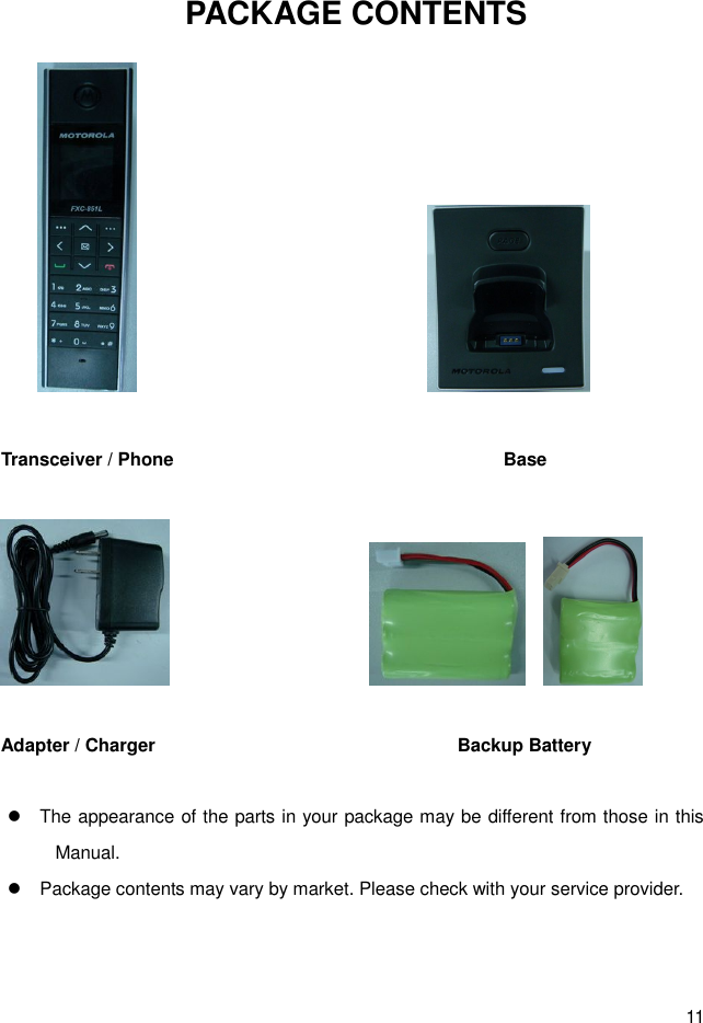 11 PACKAGE CONTENTS                                              Transceiver / Phone                                                                        Base                              Adapter / Charger                                                                  Backup Battery  l  The appearance of the parts in your package may be different from those in this Manual. l  Package contents may vary by market. Please check with your service provider.  