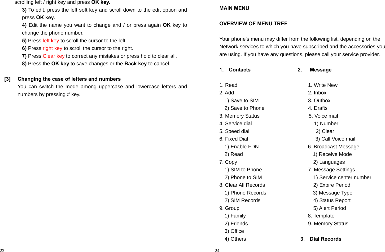                                                                                            23 scrolling left / right key and press OK key. 3) To edit, press the left soft key and scroll down to the edit option and press OK key. 4)  Edit the name you want to change and / or press again OK key to change the phone number. 5) Press left key to scroll the cursor to the left. 6) Press right key to scroll the cursor to the right. 7) Press Clear key to correct any mistakes or press hold to clear all. 8) Press the OK key to save changes or the Back key to cancel.  [3]  Changing the case of letters and numbers You can switch the mode among uppercase and lowercase letters and numbers by pressing # key.                                                                                          24 MAIN MENU  OVERVIEW OF MENU TREE  Your phone’s menu may differ from the following list, depending on the   Network services to which you have subscribed and the accessories you are using. If you have any questions, please call your service provider.  1.  Contacts                  2.   Message  1. Read                          1. Write New 2. Add                           2. Inbox 1) Save to SIM                  3. Outbox 2) Save to Phone                 4. Drafts 3. Memory Status                   5. Voice mail  4. Service dial                        1) Number 5. Speed dial                       2) Clear 6. Fixed Dial                          3) Call Voice mail 1) Enable FDN                   6. Broadcast Message 2) Read                           1) Receive Mode 7. Copy                            2) Languages   1) SIM to Phone                  7. Message Settings   2) Phone to SIM                    1) Service center number 8. Clear All Records                   2) Expire Period   1) Phone Records                  3) Message Type   2) SIM Records                    4) Status Report 9. Group                            5) Alert Period    1) Family                        8. Template   2) Friends                    9. Memory Status   3) Office                         4) Others                     3.  Dial Records 
