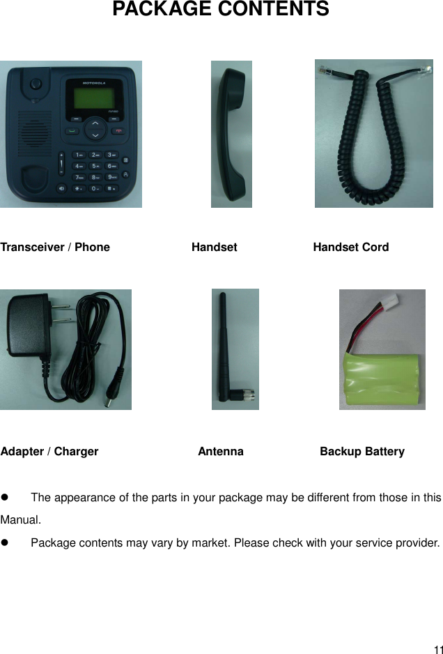  11 PACKAGE CONTENTS                                                                           Transceiver / Phone                            Handset                          Handset Cord                                                                                               Adapter / Charger                                  Antenna                          Backup Battery    The appearance of the parts in your package may be different from those in this Manual.   Package contents may vary by market. Please check with your service provider.  