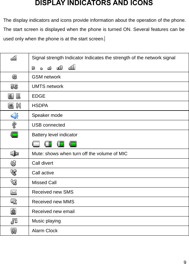  9 DISPLAY INDICATORS AND ICONS The display indicators and icons provide information about the operation of the phone. The start screen is displayed when the phone is turned ON. Several features can be used only when the phone is at the start screen.    Signal strength Indicator Indicates the strength of the network signal   GSM network  UMTS network     EDGE     HSDPA  Speaker mode  USB connected  Battery level indicator            Mute: shows when turn off the volume of MIC    Call divert  Call active  Missed Call  Received new SMS  Received new MMS  Received new email  Music playing  Alarm Clock  