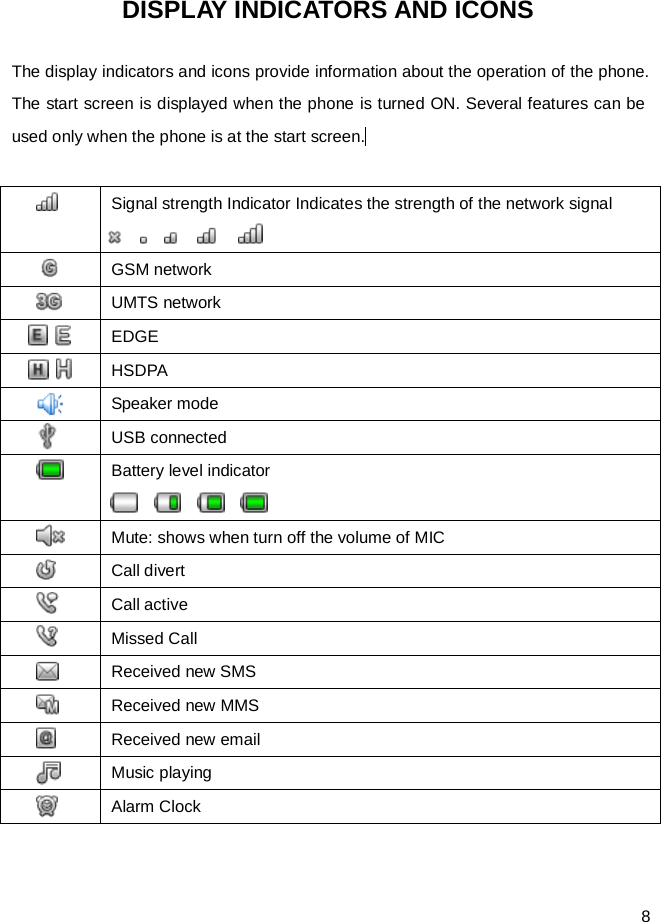  8 DISPLAY INDICATORS AND ICONS The display indicators and icons provide information about the operation of the phone. The start screen is displayed when the phone is turned ON. Several features can be used only when the phone is at the start screen.    Signal strength Indicator Indicates the strength of the network signal   GSM network  UMTS network     EDGE    HSDPA  Speaker mode  USB connected  Battery level indicator            Mute: shows when turn off the volume of MIC    Call divert  Call active  Missed Call  Received new SMS  Received new MMS  Received new email  Music playing  Alarm Clock          