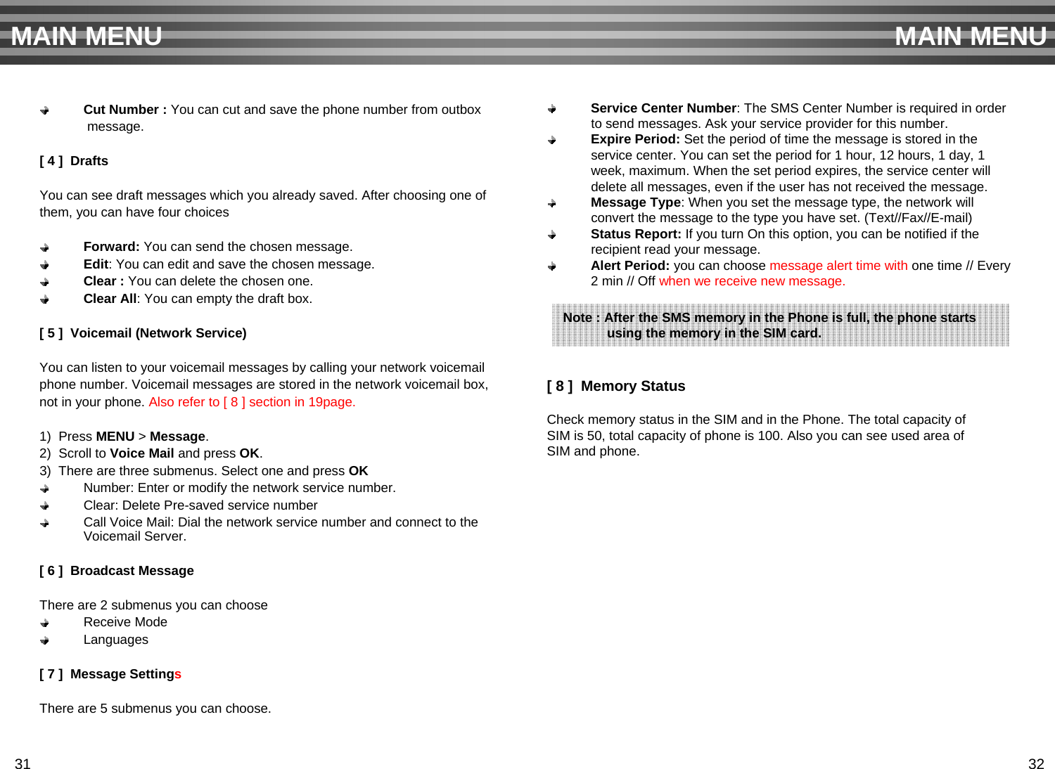 Cut Number : You can cut and save the phone number from outbox message.[ 4 ]  DraftsYou can see draft messages which you already saved. After choosing one of them, you can have four choicesForward: You can send the chosen message. Edit: You can edit and save the chosen message.Clear : You can delete the chosen one.Clear All: You can empty the draft box.[ 5 ]  Voicemail (Network Service)You can listen to your voicemail messages by calling your network voicemailphone number. Voicemail messages are stored in the network voicemail box,not in your phone. Also refer to [ 8 ] section in 19page.1)  Press MENU &gt; Message.2)  Scroll to Voice Mail and press OK. 3)  There are three submenus. Select one and press OKNumber: Enter or modify the network service number.Clear: Delete Pre-saved service numberCall Voice Mail: Dial the network service number and connect to the Voicemail Server.[ 6 ]  Broadcast MessageThere are 2 submenus you can chooseReceive ModeLanguages[ 7 ]  Message SettingsThere are 5 submenus you can choose.Service Center Number: The SMS Center Number is required in order to send messages. Ask your service provider for this number.Expire Period: Set the period of time the message is stored in the service center. You can set the period for 1 hour, 12 hours, 1 day, 1week, maximum. When the set period expires, the service center willdelete all messages, even if the user has not received the message.Message Type: When you set the message type, the network will convert the message to the type you have set. (Text//Fax//E-mail)Status Report: If you turn On this option, you can be notified if therecipient read your message. Alert Period: you can choose message alert time with one time // Every2 min // Off when we receive new message.[ 8 ]  Memory Status Check memory status in the SIM and in the Phone. The total capacity ofSIM is 50, total capacity of phone is 100. Also you can see used area of SIM and phone.MAIN MENU MAIN MENUNote : After the SMS memory in the Phone is full, the phone starts using the memory in the SIM card.31 32
