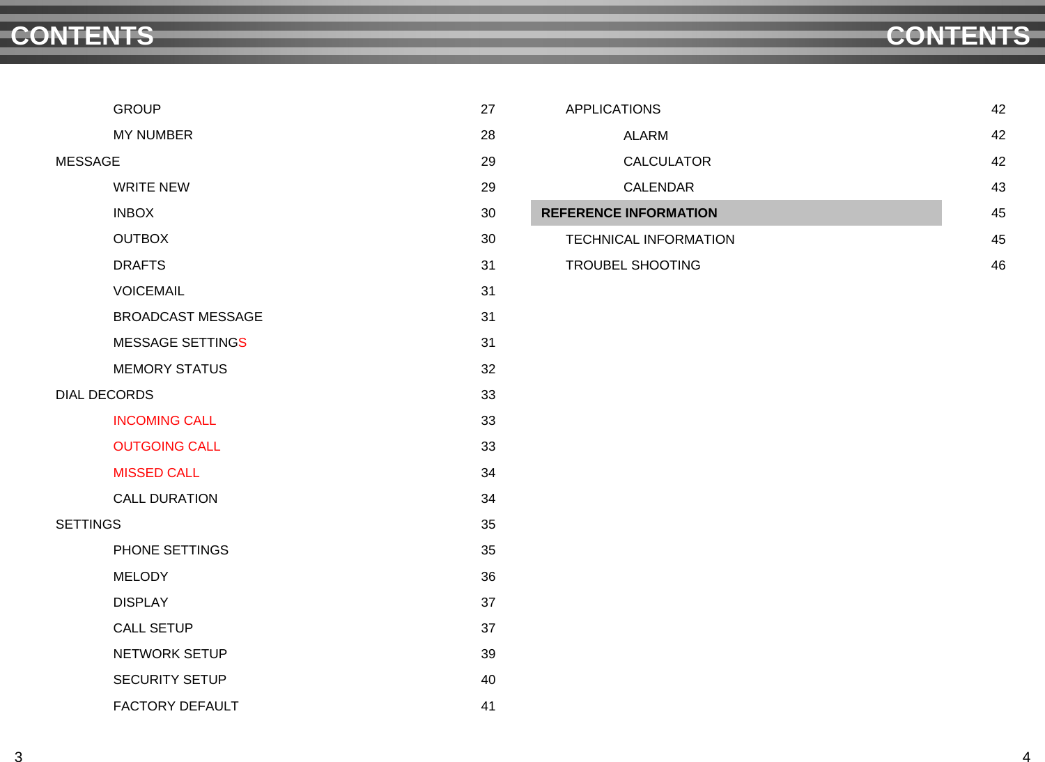 CONTENTS CONTENTSCALENDARALARMREFERENCE INFORMATIONCALCULATORTECHNICAL INFORMATIONTROUBEL SHOOTING 46454543424242APPLICATIONSCALL DURATIONFACTORY DEFAULTGROUPNETWORK SETUPOUTGOING CALLMESSAGE SETTINGS33DIAL DECORDS32MEMORY STATUS3131BROADCAST MESSAGE31VOICEMAIL4140SECURITY SETUP3937CALL SETUP37DISPLAY36MELODY35PHONE SETTINGS35SETTINGS3434MISSED CALL 3333INCOMING CALL31DRAFTS30OUTBOX30INBOX29WRITE NEW29MESSAGE28MY NUMBER273 4