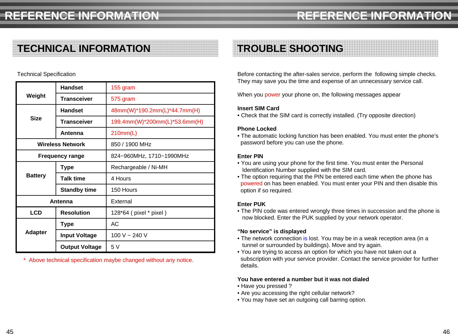 Technical Specification Before contacting the after-sales service, perform the  following simple checks.They may save you the time and expense of an unnecessary service call.When you power your phone on, the following messages appear Insert SIM Card• Check that the SIM card is correctly installed. (Try opposite direction)Phone Locked• The automatic locking function has been enabled. You must enter the phone’s password before you can use the phone.Enter PIN• You are using your phone for the first time. You must enter the Personal Identification Number supplied with the SIM card.• The option requiring that the PIN be entered each time when the phone haspowered on has been enabled. You must enter your PIN and then disable thisoption if so required.Enter PUK• The PIN code was entered wrongly three times in succession and the phone is now blocked. Enter the PUK supplied by your network operator.“No service” is displayed • The network connection is lost. You may be in a weak reception area (in a tunnel or surrounded by buildings). Move and try again.• You are trying to access an option for which you have not taken out a subscription with your service provider. Contact the service provider for furtherdetails.You have entered a number but it was not dialed• Have you pressed ?• Are you accessing the right cellular network?• You may have set an outgoing call barring option. REFERENCE INFORMATION REFERENCE INFORMATIONTROUBLE SHOOTINGTECHNICAL INFORMATIONExternalAntenna150 HoursStandby time4 HoursTalk timeOutput VoltageInput VoltageTypeResolutionTypeAntennaTransceiverHandsetTransceiverHandset850 / 1900 MHzWireless Network210mm(L)199.4mm(W)*200mm(L)*53.6mm(H)48mm(W)*190.2mm(L)*44.7mm(H)SizeRechargeable / Ni-MHBattery824~960MHz, 1710~1990MHzFrequency range575 gram5 V100 V ~ 240 VACAdapter128*64 ( pixel * pixel )LCD155 gramWeight 45 46* Above technical specification maybe changed without any notice.