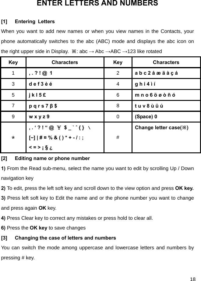  18 ENTER LETTERS AND NUMBERS [1]   Entering Letters When you want to add new names or when you view names in the Contacts, your phone automatically switches to the abc (ABC) mode and displays the abc icon on the right upper side in Display. ※: abc → Abc →ABC →123 like rotated Key Characters Key Characters 1  , . ? ! @  1   2  a b c 2 å æ ä à ç á 3  d e f 3 è é   4  g h i 4 ì í 5  j k l 5 £   6  m n o 6 ö ø ò ñ ó 7  p q r s 7 β $   8  t u v 8 ù ü ú 9  w x y z 9   0  (Space) 0   ＊ , . ‘ ? ! “ @  ￥  $ _ ` ˆ { }  ﹨ [∼] | # ¤ % &amp; ( ) * + - / : ;   &lt; = &gt; ¡ § ¿   # Change letter case(※)   [2]   Editing name or phone number 1) From the Read sub-menu, select the name you want to edit by scrolling Up / Down navigation key 2) To edit, press the left soft key and scroll down to the view option and press OK key. 3) Press left soft key to Edit the name and or the phone number you want to change and press again OK key. 4) Press Clear key to correct any mistakes or press hold to clear all. 6) Press the OK key to save changes [3]      Changing the case of letters and numbers You can switch the mode among uppercase and lowercase letters and numbers by pressing # key. 