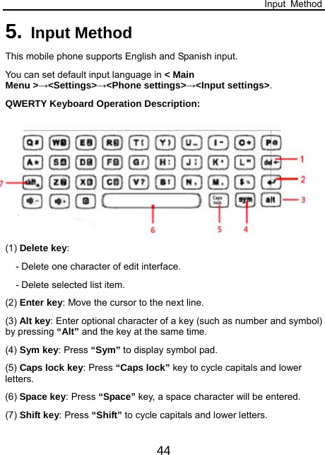 Input Method 44 5. Input Method   This mobile phone supports English and Spanish input.   You can set default input language in &lt; Main Menu &gt;→&lt;Settings&gt;→&lt;Phone settings&gt;→&lt;Input settings&gt;. QWERTY Keyboard Operation Description:        (1) Delete key:  - Delete one character of edit interface. - Delete selected list item. (2) Enter key: Move the cursor to the next line. (3) Alt key: Enter optional character of a key (such as number and symbol) by pressing “Alt” and the key at the same time. (4) Sym key: Press “Sym” to display symbol pad. (5) Caps lock key: Press “Caps lock” key to cycle capitals and lower letters. (6) Space key: Press “Space” key, a space character will be entered. (7) Shift key: Press “Shift” to cycle capitals and lower letters. 