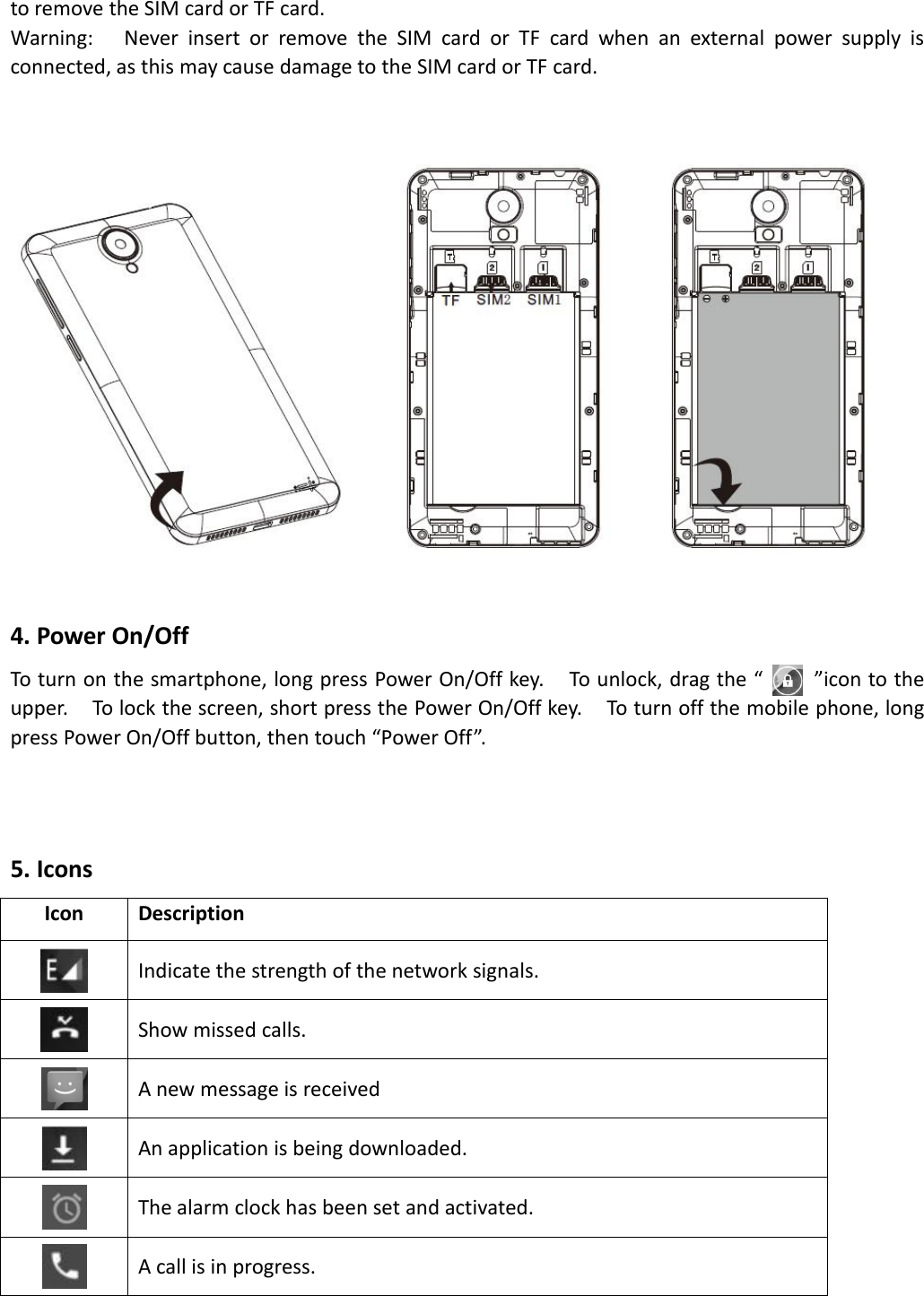 to remove the SIM card or TF card.Warning: Never insert or remove the SIM card or TF card when an external power supply isconnected, as this may cause damage to the SIM card or TF card.4. Power On/OffTo turn on the smartphone, long press Power On/Off key. To unlock, drag the “ ”icon to theupper. To lock the screen, short press the Power On/Off key. To turn off the mobile phone, longpress Power On/Off button, then touch “Power Off”.5. IconsIconDescriptionIndicate the strength of the network signals.Show missed calls.A new message is receivedAn application is being downloaded.The alarm clock has been set and activated.A call is in progress.