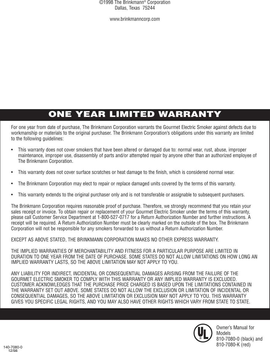 Page 12 of 12 - Brinkmann Brinkmann-Electric-Smoker-Users-Manual- INSTR-Gourmet/Electric  Brinkmann-electric-smoker-users-manual