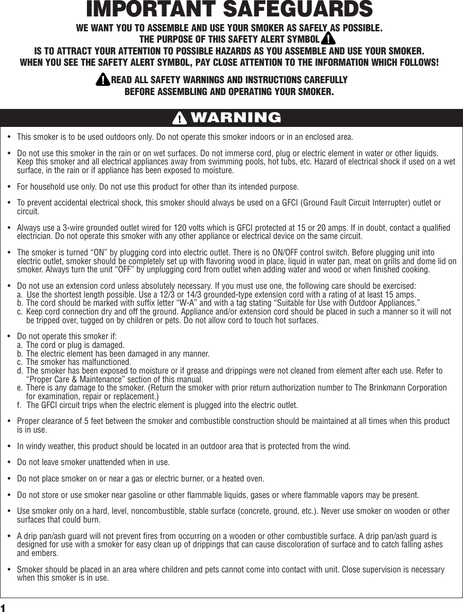 Page 2 of 12 - Brinkmann Brinkmann-Electric-Smoker-Users-Manual- INSTR-Gourmet/Electric  Brinkmann-electric-smoker-users-manual