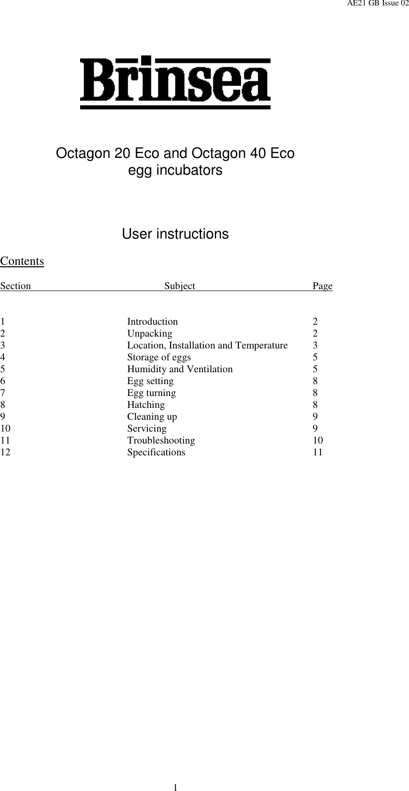 Page 1 of 12 - Brinsea Brinsea-Octagon-20-Eco-Users-Manual-  Brinsea-octagon-20-eco-users-manual