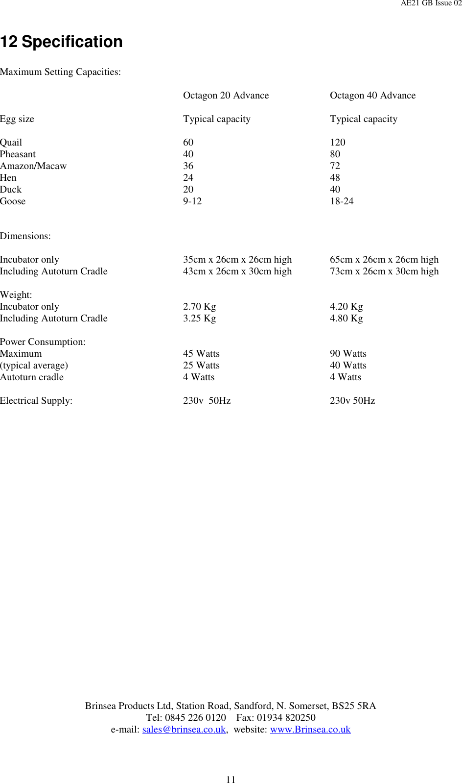Page 11 of 12 - Brinsea Brinsea-Octagon-20-Eco-Users-Manual-  Brinsea-octagon-20-eco-users-manual