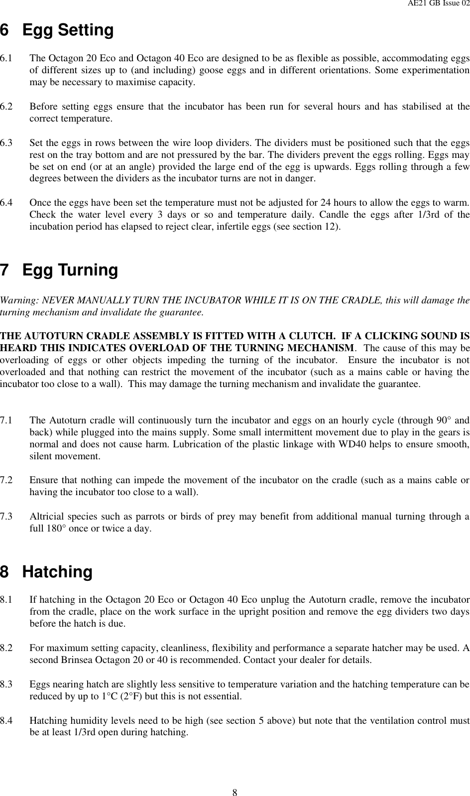 Page 8 of 12 - Brinsea Brinsea-Octagon-20-Eco-Users-Manual-  Brinsea-octagon-20-eco-users-manual