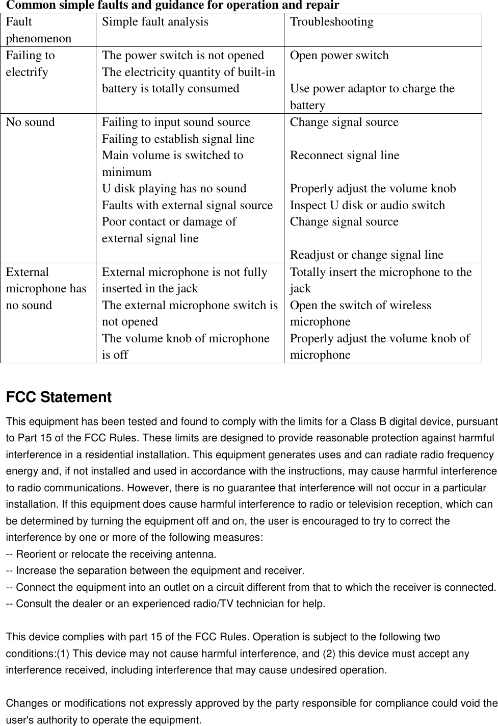 Common simple faults and guidance for operation and repair  Fault phenomenon Simple fault analysis  Troubleshooting Failing to electrify The power switch is not opened The electricity quantity of built-in battery is totally consumed Open power switch  Use power adaptor to charge the battery No sound  Failing to input sound source Failing to establish signal line Main volume is switched to minimum U disk playing has no sound Faults with external signal source Poor contact or damage of external signal line Change signal source  Reconnect signal line  Properly adjust the volume knob Inspect U disk or audio switch Change signal source  Readjust or change signal line External microphone has no sound External microphone is not fully inserted in the jack The external microphone switch is not opened The volume knob of microphone is off Totally insert the microphone to the jack Open the switch of wireless microphone Properly adjust the volume knob of microphone  FCC Statement This equipment has been tested and found to comply with the limits for a Class B digital device, pursuant to Part 15 of the FCC Rules. These limits are designed to provide reasonable protection against harmful interference in a residential installation. This equipment generates uses and can radiate radio frequency energy and, if not installed and used in accordance with the instructions, may cause harmful interference to radio communications. However, there is no guarantee that interference will not occur in a particular installation. If this equipment does cause harmful interference to radio or television reception, which can be determined by turning the equipment off and on, the user is encouraged to try to correct the interference by one or more of the following measures: -- Reorient or relocate the receiving antenna.   -- Increase the separation between the equipment and receiver.    -- Connect the equipment into an outlet on a circuit different from that to which the receiver is connected.   -- Consult the dealer or an experienced radio/TV technician for help.  This device complies with part 15 of the FCC Rules. Operation is subject to the following two conditions:(1) This device may not cause harmful interference, and (2) this device must accept any interference received, including interference that may cause undesired operation.  Changes or modifications not expressly approved by the party responsible for compliance could void the user&apos;s authority to operate the equipment. 