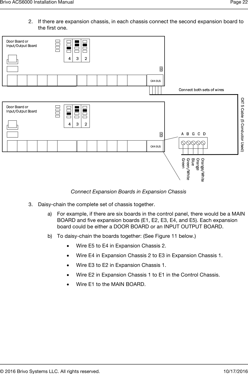 Brivo ACS6000 Installation Manual Page 22       © 2016 Brivo Systems LLC. All rights reserved. 10/17/2016  2. If there are expansion chassis, in each chassis connect the second expansion board to the first one.  Connect Expansion Boards in Expansion Chassis 3. Daisy-chain the complete set of chassis together. a) For example, if there are six boards in the control panel, there would be a MAIN BOARD and five expansion boards (E1, E2, E3, E4, and E5). Each expansion board could be either a DOOR BOARD or an INPUT OUTPUT BOARD.  b) To daisy-chain the boards together: (See Figure 11 below.) • Wire E5 to E4 in Expansion Chassis 2. • Wire E4 in Expansion Chassis 2 to E3 in Expansion Chassis 1. • Wire E3 to E2 in Expansion Chassis 1. • Wire E2 in Expansion Chassis 1 to E1 in the Control Chassis. • Wire E1 to the MAIN BOARD.  