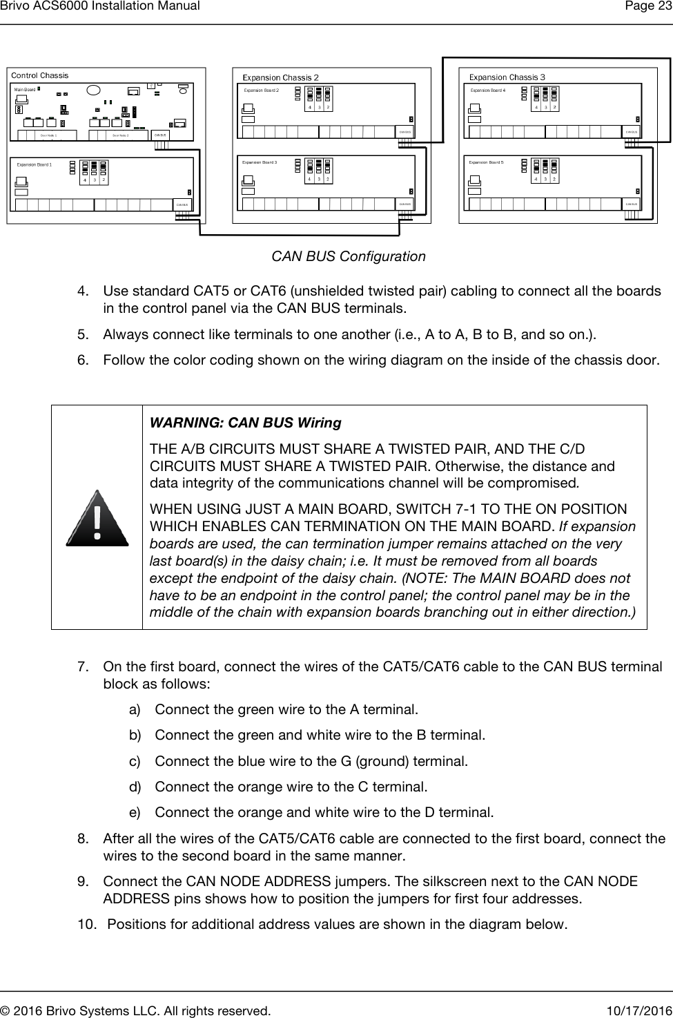 Brivo ACS6000 Installation Manual Page 23      © 2016 Brivo Systems LLC. All rights reserved. 10/17/2016   CAN BUS Configuration 4. Use standard CAT5 or CAT6 (unshielded twisted pair) cabling to connect all the boards in the control panel via the CAN BUS terminals.  5. Always connect like terminals to one another (i.e., A to A, B to B, and so on.). 6. Follow the color coding shown on the wiring diagram on the inside of the chassis door.   WARNING: CAN BUS Wiring THE A/B CIRCUITS MUST SHARE A TWISTED PAIR, AND THE C/D CIRCUITS MUST SHARE A TWISTED PAIR. Otherwise, the distance and data integrity of the communications channel will be compromised. WHEN USING JUST A MAIN BOARD, SWITCH 7-1 TO THE ON POSITION WHICH ENABLES CAN TERMINATION ON THE MAIN BOARD. If expansion boards are used, the can termination jumper remains attached on the very last board(s) in the daisy chain; i.e. It must be removed from all boards except the endpoint of the daisy chain. (NOTE: The MAIN BOARD does not have to be an endpoint in the control panel; the control panel may be in the middle of the chain with expansion boards branching out in either direction.)   7. On the first board, connect the wires of the CAT5/CAT6 cable to the CAN BUS terminal block as follows: a) Connect the green wire to the A terminal. b) Connect the green and white wire to the B terminal. c) Connect the blue wire to the G (ground) terminal. d) Connect the orange wire to the C terminal. e) Connect the orange and white wire to the D terminal. 8. After all the wires of the CAT5/CAT6 cable are connected to the first board, connect the wires to the second board in the same manner. 9. Connect the CAN NODE ADDRESS jumpers. The silkscreen next to the CAN NODE ADDRESS pins shows how to position the jumpers for first four addresses.  10.  Positions for additional address values are shown in the diagram below. 