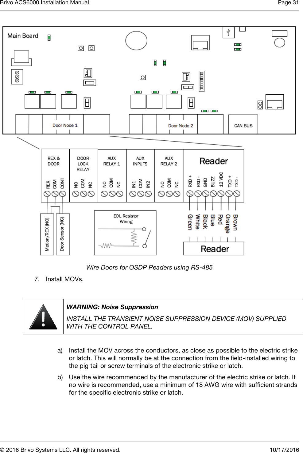Brivo ACS6000 Installation Manual Page 31      © 2016 Brivo Systems LLC. All rights reserved. 10/17/2016   Wire Doors for OSDP Readers using RS-485 7. Install MOVs.   WARNING: Noise Suppression INSTALL THE TRANSIENT NOISE SUPPRESSION DEVICE (MOV) SUPPLIED WITH THE CONTROL PANEL.  a) Install the MOV across the conductors, as close as possible to the electric strike or latch. This will normally be at the connection from the field-installed wiring to the pig tail or screw terminals of the electronic strike or latch. b) Use the wire recommended by the manufacturer of the electric strike or latch. If no wire is recommended, use a minimum of 18 AWG wire with sufficient strands for the specific electronic strike or latch. 