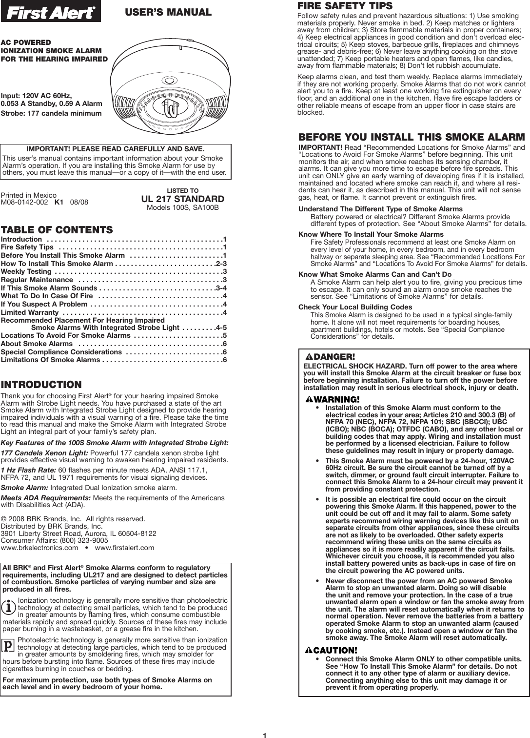 Page 1 of 6 - Brk-Electronic Brk-Electronic-Sa100B-Users-Manual- 100S,SA100  Brk-electronic-sa100b-users-manual