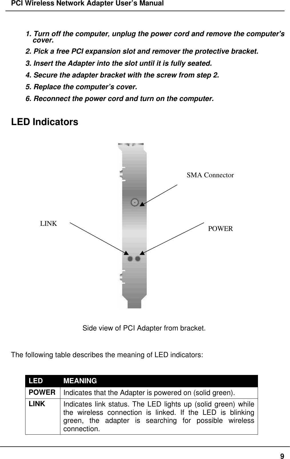 PCI Wireless Network Adapter User’s Manual91. Turn off the computer‚ unplug the power cord and remove the computer&apos;scover.2. Pick a free PCI expansion slot and remover the protective bracket.3. Insert the Adapter into the slot until it is fully seated.4. Secure the adapter bracket with the screw from step 2.5. Replace the computer’s cover.6. Reconnect the power cord and turn on the computer.  LED Indicators  Side view of PCI Adapter from bracket.The following table describes the meaning of LED indicators:LED MEANINGPOWERIndicates that the Adapter is powered on (solid green).LINK Indicates link status. The LED lights up (solid green) whilethe wireless connection is linked. If the LED is blinkinggreen, the adapter is searching for possible wirelessconnection. LINK POWERSMA Connector