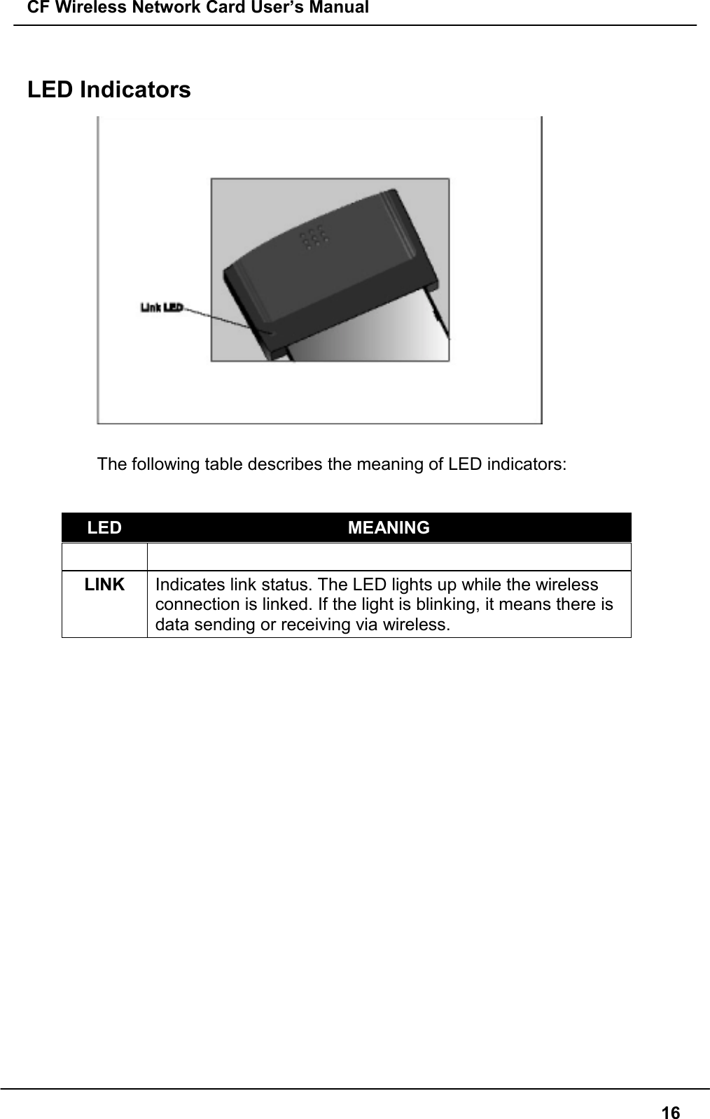 CF Wireless Network Card User’s Manual16LED Indicators  The following table describes the meaning of LED indicators:LED MEANINGLINK Indicates link status. The LED lights up while the wirelessconnection is linked. If the light is blinking, it means there isdata sending or receiving via wireless.