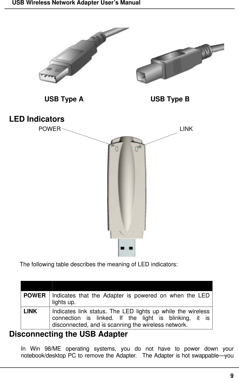  USB Wireless Network Adapter User’s Manual  USB Type A      USB Type B  LED Indicators POWER                                                  LINK  The following table describes the meaning of LED indicators:  LED  MEANING POWER  Indicates that the Adapter is powered on when the LED lights up. LINK  Indicates link status. The LED lights up while the wireless connection is linked. If the light is blinking, it is disconnected, and is scanning the wireless network. Disconnecting the USB Adapter  In Win 98/ME operating systems, you do not have to power down your notebook/desktop PC to remove the Adapter.  The Adapter is hot swappable—you  9