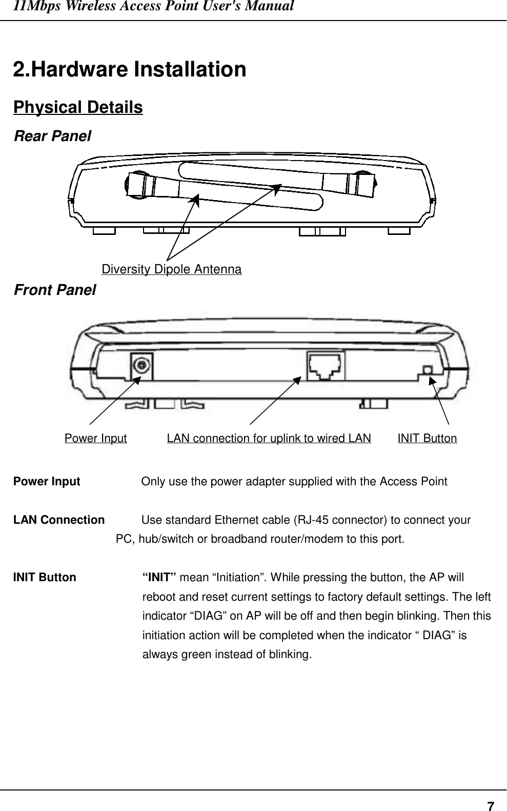 11Mbps Wireless Access Point User&apos;s Manual72.Hardware InstallationPhysical DetailsRear PanelFront PanelPower Input LAN connection for uplink to wired LAN INIT ButtonPower Input Only use the power adapter supplied with the Access PointLAN Connection Use standard Ethernet cable (RJ-45 connector) to connect your PC, hub/switch or broadband router/modem to this port.INIT Button “INIT” mean “Initiation”. While pressing the button, the AP willreboot and reset current settings to factory default settings. The leftindicator “DIAG” on AP will be off and then begin blinking. Then thisinitiation action will be completed when the indicator “ DIAG” isalways green instead of blinking.Diversity Dipole Antenna