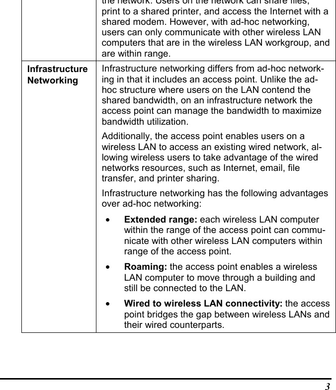 3the network. Users on the network can share files,print to a shared printer, and access the Internet with ashared modem. However, with ad-hoc networking,users can only communicate with other wireless LANcomputers that are in the wireless LAN workgroup, andare within range.InfrastructureNetworkingInfrastructure networking differs from ad-hoc network-ing in that it includes an access point. Unlike the ad-hoc structure where users on the LAN contend theshared bandwidth, on an infrastructure network theaccess point can manage the bandwidth to maximizebandwidth utilization.Additionally, the access point enables users on awireless LAN to access an existing wired network, al-lowing wireless users to take advantage of the wirednetworks resources, such as Internet, email, filetransfer, and printer sharing.Infrastructure networking has the following advantagesover ad-hoc networking:• Extended range: each wireless LAN computerwithin the range of the access point can commu-nicate with other wireless LAN computers withinrange of the access point.• Roaming: the access point enables a wirelessLAN computer to move through a building andstill be connected to the LAN.• Wired to wireless LAN connectivity: the accesspoint bridges the gap between wireless LANs andtheir wired counterparts.