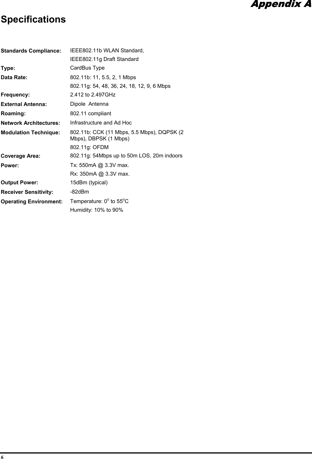 6Appendix ASpecificationsStandards Compliance: IEEE802.11b WLAN Standard,IEEE802.11g Draft StandardType: CardBus TypeData Rate: 802.11b: 11, 5.5, 2, 1 Mbps802.11g: 54, 48, 36, 24, 18, 12, 9, 6 MbpsFrequency: 2.412 to 2.497GHzExternal Antenna: Dipole  AntennaRoaming: 802.11 compliantNetwork Architectures: Infrastructure and Ad HocModulation Technique: 802.11b: CCK (11 Mbps, 5.5 Mbps), DQPSK (2Mbps), DBPSK (1 Mbps)802.11g: OFDMCoverage Area: 802.11g: 54Mbps up to 50m LOS, 20m indoorsPower: Tx: 550mA @ 3.3V max.Rx: 350mA @ 3.3V max.Output Power: 15dBm (typical)Receiver Sensitivity: -82dBmOperating Environment: Temperature: 0o to 55oCHumidity: 10% to 90%