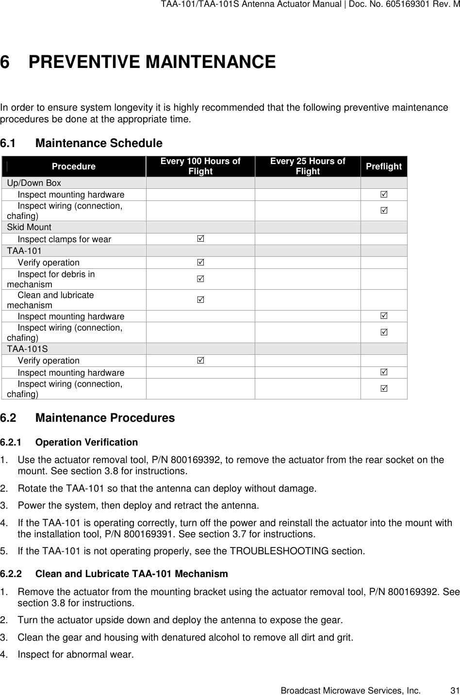 TAA-101/TAA-101S Antenna Actuator Manual | Doc. No. 605169301 Rev. M Broadcast Microwave Services, Inc.      31 6  PREVENTIVE MAINTENANCE In order to ensure system longevity it is highly recommended that the following preventive maintenance procedures be done at the appropriate time.   6.1  Maintenance Schedule Procedure Every 100 Hours of Flight Every 25 Hours of Flight  Preflight Up/Down Box         Inspect mounting hardware         Inspect wiring (connection, chafing)      Skid Mount         Inspect clamps for wear      TAA-101         Verify operation        Inspect for debris in mechanism       Clean and lubricate mechanism        Inspect mounting hardware         Inspect wiring (connection, chafing)       TAA-101S         Verify operation        Inspect mounting hardware         Inspect wiring (connection, chafing)      6.2  Maintenance Procedures 6.2.1  Operation Verification 1.  Use the actuator removal tool, P/N 800169392, to remove the actuator from the rear socket on the mount. See section 3.8 for instructions. 2.  Rotate the TAA-101 so that the antenna can deploy without damage. 3.  Power the system, then deploy and retract the antenna. 4.  If the TAA-101 is operating correctly, turn off the power and reinstall the actuator into the mount with the installation tool, P/N 800169391. See section 3.7 for instructions. 5.  If the TAA-101 is not operating properly, see the TROUBLESHOOTING section.  6.2.2  Clean and Lubricate TAA-101 Mechanism 1.  Remove the actuator from the mounting bracket using the actuator removal tool, P/N 800169392. See section 3.8 for instructions. 2.  Turn the actuator upside down and deploy the antenna to expose the gear. 3.  Clean the gear and housing with denatured alcohol to remove all dirt and grit. 4.  Inspect for abnormal wear. 
