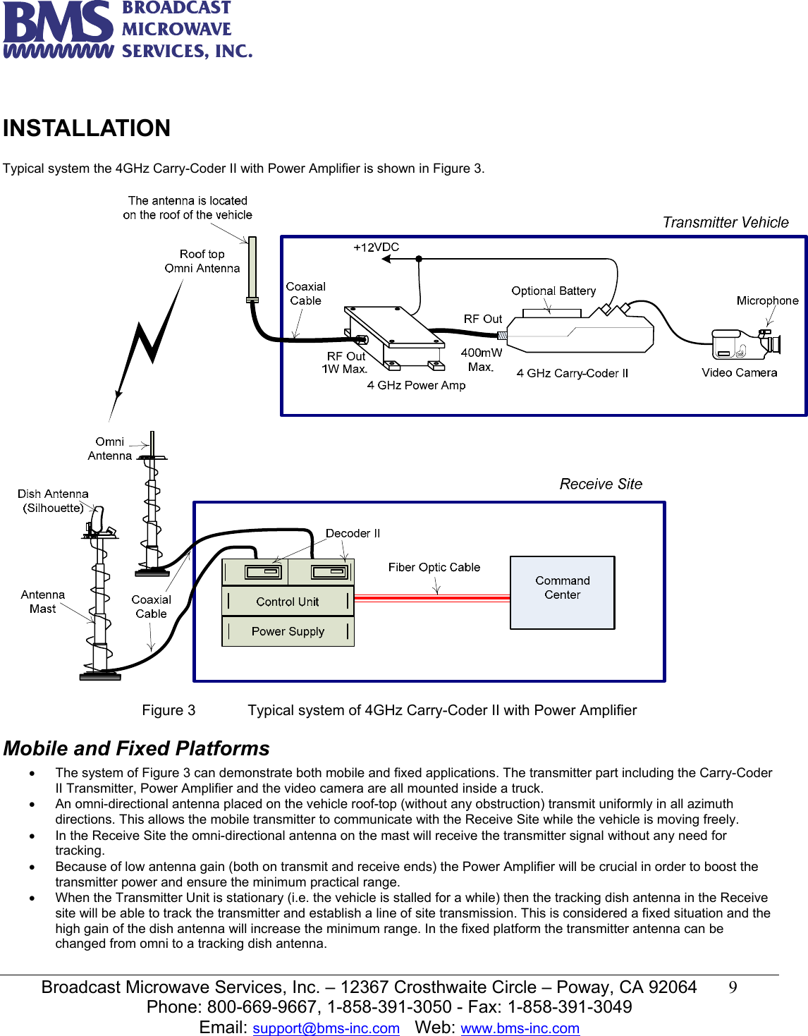   Broadcast Microwave Services, Inc. &ndash; 12367 Crosthwaite Circle &ndash; Poway, CA 92064  9  Phone: 800-669-9667, 1-858-391-3050 - Fax: 1-858-391-3049 Email: support@bms-inc.com   Web: www.bms-inc.com   INSTALLATION   Typical system the 4GHz Carry-Coder II with Power Amplifier is shown in Figure 3.    Figure 3  Typical system of 4GHz Carry-Coder II with Power Amplifier  Mobile and Fixed Platforms &bull;  The system of Figure 3 can demonstrate both mobile and fixed applications. The transmitter part including the Carry-Coder II Transmitter, Power Amplifier and the video camera are all mounted inside a truck.  &bull;  An omni-directional antenna placed on the vehicle roof-top (without any obstruction) transmit uniformly in all azimuth directions. This allows the mobile transmitter to communicate with the Receive Site while the vehicle is moving freely. &bull;  In the Receive Site the omni-directional antenna on the mast will receive the transmitter signal without any need for tracking. &bull;  Because of low antenna gain (both on transmit and receive ends) the Power Amplifier will be crucial in order to boost the transmitter power and ensure the minimum practical range. &bull;  When the Transmitter Unit is stationary (i.e. the vehicle is stalled for a while) then the tracking dish antenna in the Receive site will be able to track the transmitter and establish a line of site transmission. This is considered a fixed situation and the high gain of the dish antenna will increase the minimum range. In the fixed platform the transmitter antenna can be changed from omni to a tracking dish antenna. 