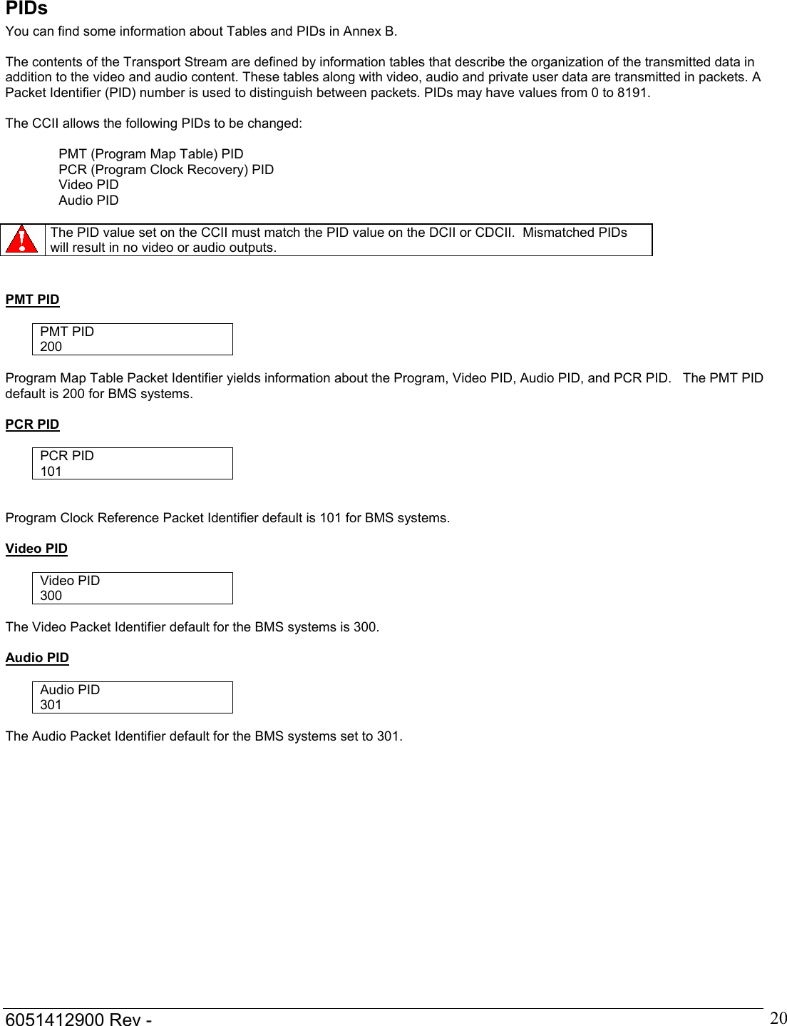  6051412900 Rev -    20PIDs  You can find some information about Tables and PIDs in Annex B.  The contents of the Transport Stream are defined by information tables that describe the organization of the transmitted data in addition to the video and audio content. These tables along with video, audio and private user data are transmitted in packets. A Packet Identifier (PID) number is used to distinguish between packets. PIDs may have values from 0 to 8191.  The CCII allows the following PIDs to be changed:  PMT (Program Map Table) PID  PCR (Program Clock Recovery) PID Video PID Audio PID   The PID value set on the CCII must match the PID value on the DCII or CDCII.  Mismatched PIDs will result in no video or audio outputs.   PMT PID  PMT PID 200  Program Map Table Packet Identifier yields information about the Program, Video PID, Audio PID, and PCR PID.   The PMT PID default is 200 for BMS systems.  PCR PID  PCR PID 101   Program Clock Reference Packet Identifier default is 101 for BMS systems.   Video PID  Video PID 300  The Video Packet Identifier default for the BMS systems is 300.  Audio PID  Audio PID 301  The Audio Packet Identifier default for the BMS systems set to 301.   