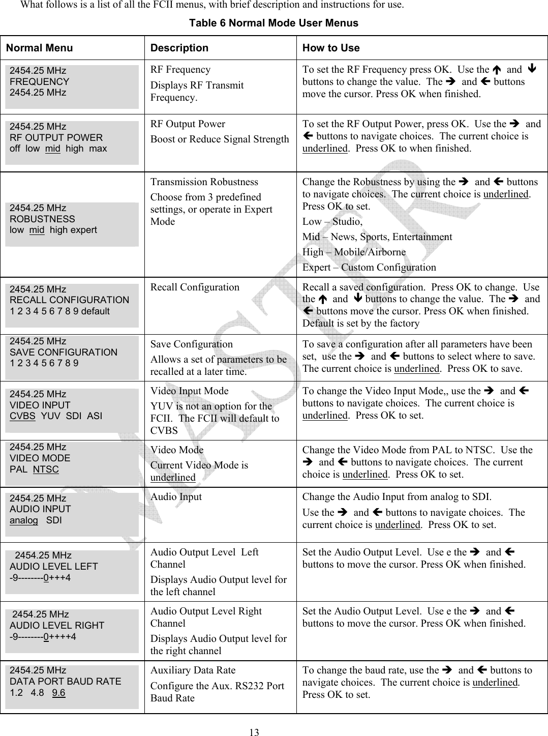   13What follows is a list of all the FCII menus, with brief description and instructions for use. Table 6 Normal Mode User Menus Normal Menu  Description  How to Use 2454.25 MHz FREQUENCY 2454.25 MHz   RF Frequency Displays RF Transmit Frequency. To set the RF Frequency press OK.  Use the &Iuml;  and  &ETH; buttons to change the value.  The &Icirc;  and &Iacute; buttons move the cursor. Press OK when finished.  2454.25 MHz RF OUTPUT POWER off  low  mid  high  max   RF Output Power Boost or Reduce Signal Strength To set the RF Output Power, press OK.  Use the &Icirc;  and &Iacute; buttons to navigate choices.  The current choice is underlined.  Press OK to when finished. 2454.25 MHz ROBUSTNESS low  mid  high expert   Transmission Robustness Choose from 3 predefined settings, or operate in Expert Mode Change the Robustness by using the &Icirc;  and &Iacute; buttons to navigate choices.  The current choice is underlined.  Press OK to set. Low &ndash; Studio,  Mid &ndash; News, Sports, Entertainment High &ndash; Mobile/Airborne  Expert &ndash; Custom Configuration 2454.25 MHz RECALL CONFIGURATION 1 2 3 4 5 6 7 8 9 default   Recall Configuration  Recall a saved configuration.  Press OK to change.  Use the &Iuml;  and  &ETH; buttons to change the value.  The &Icirc;  and &Iacute; buttons move the cursor. Press OK when finished.  Default is set by the factory 2454.25 MHz SAVE CONFIGURATION 1 2 3 4 5 6 7 8 9   Save Configuration Allows a set of parameters to be recalled at a later time.   To save a configuration after all parameters have been set,  use the &Icirc;  and &Iacute; buttons to select where to save.  The current choice is underlined.  Press OK to save. 2454.25 MHz   VIDEO INPUT CVBS  YUV  SDI  ASI   Video Input Mode YUV is not an option for the FCII.  The FCII will default to CVBS To change the Video Input Mode,, use the &Icirc;  and &Iacute; buttons to navigate choices.  The current choice is underlined.  Press OK to set. 2454.25 MHz   VIDEO MODE PAL  NTSC   Video Mode Current Video Mode is underlined Change the Video Mode from PAL to NTSC.  Use the &Icirc;  and &Iacute; buttons to navigate choices.  The current choice is underlined.  Press OK to set. 2454.25 MHz   AUDIO INPUT analog   SDI   Audio Input  Change the Audio Input from analog to SDI.   Use the &Icirc;  and &Iacute; buttons to navigate choices.  The current choice is underlined.  Press OK to set.   2454.25 MHz AUDIO LEVEL LEFT -9--------0+++4   Audio Output Level  Left Channel Displays Audio Output level for the left channel Set the Audio Output Level.  Use e the &Icirc;  and &Iacute; buttons to move the cursor. Press OK when finished.   2454.25 MHz  AUDIO LEVEL RIGHT -9--------0++++4   Audio Output Level Right Channel Displays Audio Output level for the right channel Set the Audio Output Level.  Use e the &Icirc;  and &Iacute; buttons to move the cursor. Press OK when finished.  2454.25 MHz   DATA PORT BAUD RATE 1.2   4.8   9.6   Auxiliary Data Rate Configure the Aux. RS232 Port Baud Rate  To change the baud rate, use the &Icirc;  and &Iacute; buttons to navigate choices.  The current choice is underlined.  Press OK to set. 