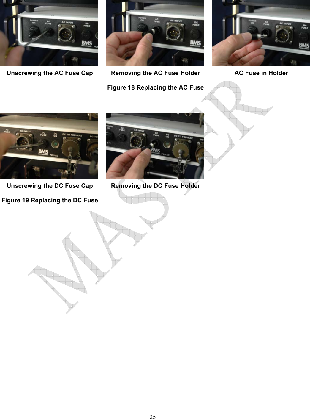   25 Unscrewing the AC Fuse Cap  Removing the AC Fuse Holder  AC Fuse in Holder Figure 18 Replacing the AC Fuse     Unscrewing the DC Fuse Cap  Removing the DC Fuse Holder  Figure 19 Replacing the DC Fuse      