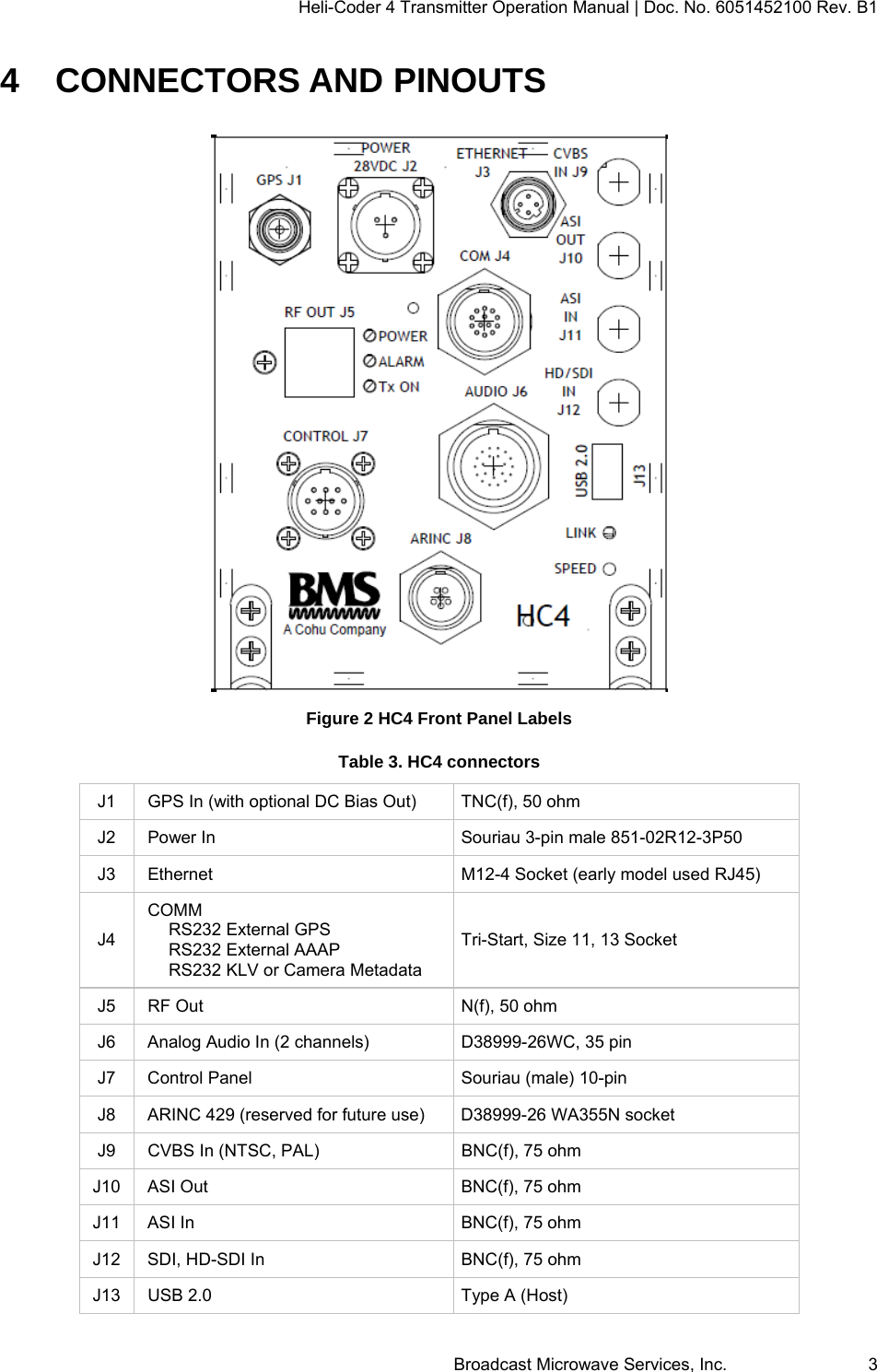 Heli-Coder 4 Transmitter Operation Manual | Doc. No. 6051452100 Rev. B1  Broadcast Microwave Services, Inc.     3 4 CONNECTORS AND PINOUTS  Figure 2 HC4 Front Panel Labels Table 3. HC4 connectors J1  GPS In (with optional DC Bias Out)  TNC(f), 50 ohm J2  Power In  Souriau 3-pin male 851-02R12-3P50 J3  Ethernet  M12-4 Socket (early model used RJ45) J4 COMM   RS232 External GPS   RS232 External AAAP   RS232 KLV or Camera Metadata Tri-Start, Size 11, 13 Socket J5  RF Out  N(f), 50 ohm J6  Analog Audio In (2 channels)  D38999-26WC, 35 pin J7  Control Panel  Souriau (male) 10-pin J8  ARINC 429 (reserved for future use)  D38999-26 WA355N socket J9  CVBS In (NTSC, PAL)  BNC(f), 75 ohm J10  ASI Out  BNC(f), 75 ohm J11  ASI In  BNC(f), 75 ohm J12  SDI, HD-SDI In  BNC(f), 75 ohm J13  USB 2.0  Type A (Host)   