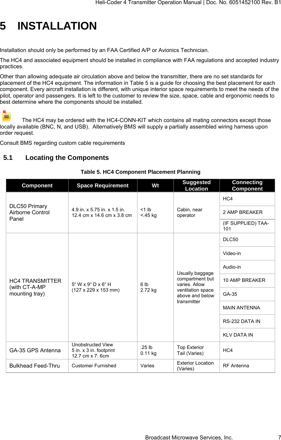 Heli-Coder 4 Transmitter Operation Manual | Doc. No. 6051452100 Rev. B1  Broadcast Microwave Services, Inc.     7 5 INSTALLATION Installation should only be performed by an FAA Certified A/P or Avionics Technician.  The HC4 and associated equipment should be installed in compliance with FAA regulations and accepted industry practices.  Other than allowing adequate air circulation above and below the transmitter, there are no set standards for placement of the HC4 equipment. The information in Table 5 is a guide for choosing the best placement for each component. Every aircraft installation is different, with unique interior space requirements to meet the needs of the pilot, operator and passengers. It is left to the customer to review the size, space, cable and ergonomic needs to best determine where the components should be installed.     The HC4 may be ordered with the HC4-CONN-KIT which contains all mating connectors except those locally available (BNC, N, and USB).  Alternatively BMS will supply a partially assembled wiring harness upon order request.  Consult BMS regarding custom cable requirements 5.1  Locating the Components Table 5. HC4 Component Placement Planning Component  Space Requirement  Wt  Suggested Location  Connecting Component DLC50 Primary Airborne Control Panel 4.9 in. x 5.75 in. x 1.5 in. 12.4 cm x 14.6 cm x 3.8 cm <1 lb <.45 kg Cabin, near operator HC4 2 AMP BREAKER (IF SUPPLIED) TAA-101 HC4 TRANSMITTER (with CT-A-MP mounting tray) 5&ldquo; W x 9&ldquo; D x 6&ldquo; H  (127 x 229 x 153 mm) 6 lb 2.72 kg Usually baggage compartment but varies. Allow ventilation space above and below transmitter DLC50 Video-in Audio-in 10 AMP BREAKER GA-35 MAIN ANTENNA RS-232 DATA IN KLV DATA IN GA-35 GPS Antenna Unobstructed View 5 in. x 3 in. footprint 12.7 cm x 7. 6cm .25 lb 0.11 kg Top Exterior Tail (Varies)  HC4 Bulkhead Feed-Thru Customer Furnished  Varies  Exterior Location (Varies)  RF Antenna    