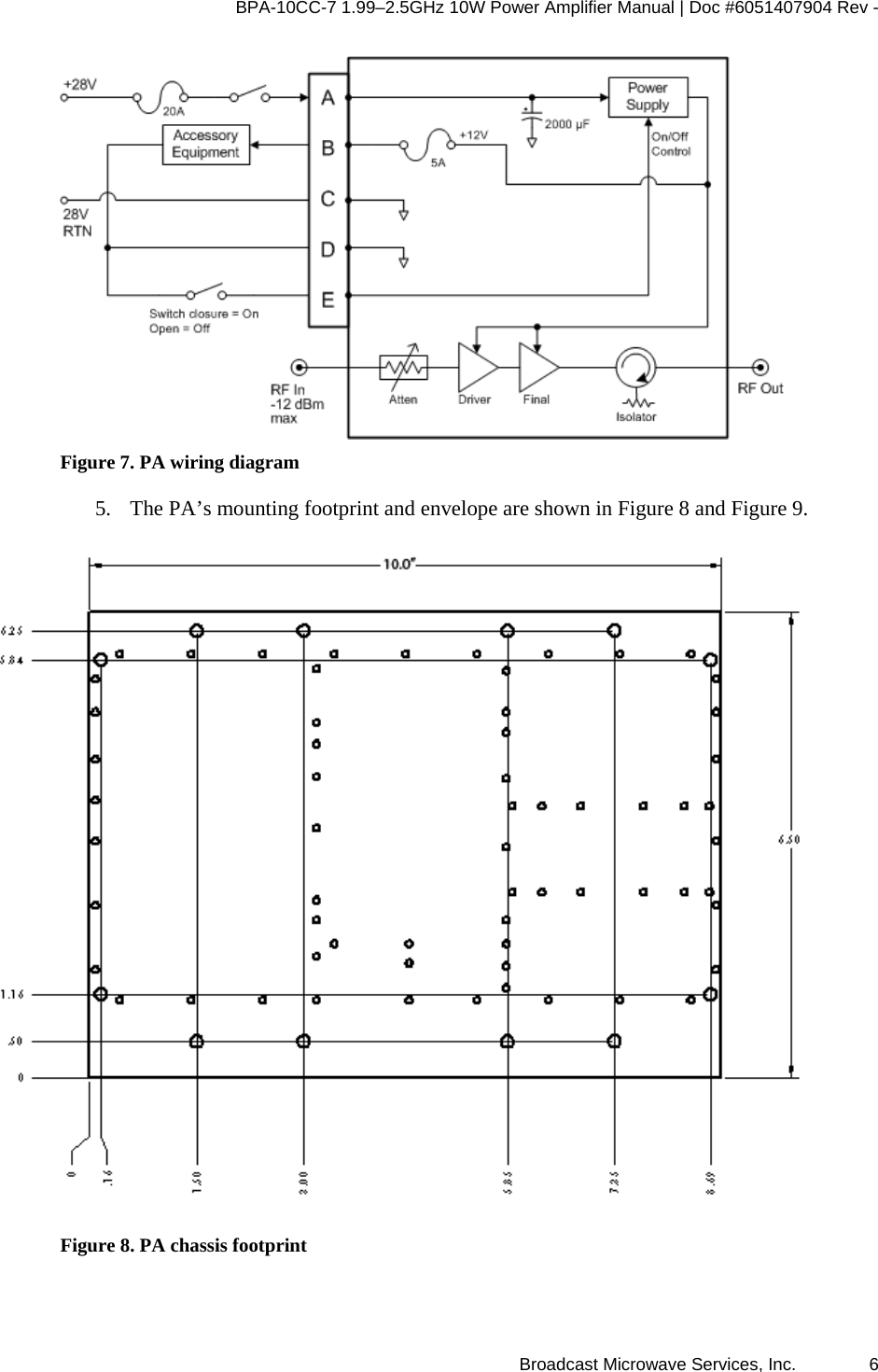 BPA-10CC-7 1.99&ndash;2.5GHz 10W Power Amplifier Manual | Doc #6051407904 Rev - Broadcast Microwave Services, Inc.   6  Figure 7. PA wiring diagram 5. The PA&rsquo;s mounting footprint and envelope are shown in Figure 8 and Figure 9.  Figure 8. PA chassis footprint 
