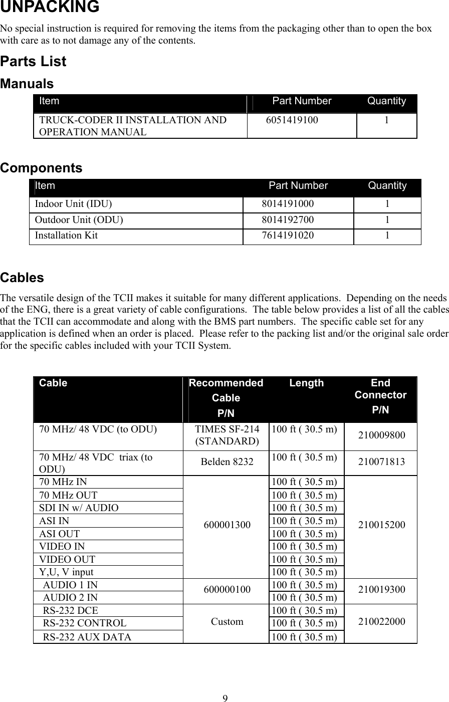  9UNPACKING No special instruction is required for removing the items from the packaging other than to open the box with care as to not damage any of the contents. Parts List  Manuals  Item  Part Number  Quantity TRUCK-CODER II INSTALLATION AND OPERATION MANUAL 6051419100 1  Components Item  Part Number  Quantity Indoor Unit (IDU) 8014191000 1 Outdoor Unit (ODU)  8014192700  1 Installation Kit  7614191020  1   Cables The versatile design of the TCII makes it suitable for many different applications.  Depending on the needs of the ENG, there is a great variety of cable configurations.  The table below provides a list of all the cables that the TCII can accommodate and along with the BMS part numbers.  The specific cable set for any application is defined when an order is placed.  Please refer to the packing list and/or the original sale order for the specific cables included with your TCII System.  Cable  RecommendedCable P/N Length  End Connector  P/N 70 MHz/ 48 VDC (to ODU)  TIMES SF-214 (STANDARD) 100 ft ( 30.5 m)  210009800 70 MHz/ 48 VDC  triax (to ODU)  Belden 8232  100 ft ( 30.5 m)  210071813 70 MHz IN  100 ft ( 30.5 m) 70 MHz OUT  100 ft ( 30.5 m) SDI IN w/ AUDIO  100 ft ( 30.5 m) ASI IN  100 ft ( 30.5 m) ASI OUT  100 ft ( 30.5 m) VIDEO IN  100 ft ( 30.5 m) VIDEO OUT  100 ft ( 30.5 m) Y,U, V input 600001300 100 ft ( 30.5 m) 210015200 AUDIO 1 IN  100 ft ( 30.5 m) AUDIO 2 IN   600000100  100 ft ( 30.5 m)  210019300 RS-232 DCE   100 ft ( 30.5 m) RS-232 CONTROL  100 ft ( 30.5 m) RS-232 AUX DATA Custom 100 ft ( 30.5 m) 210022000     
