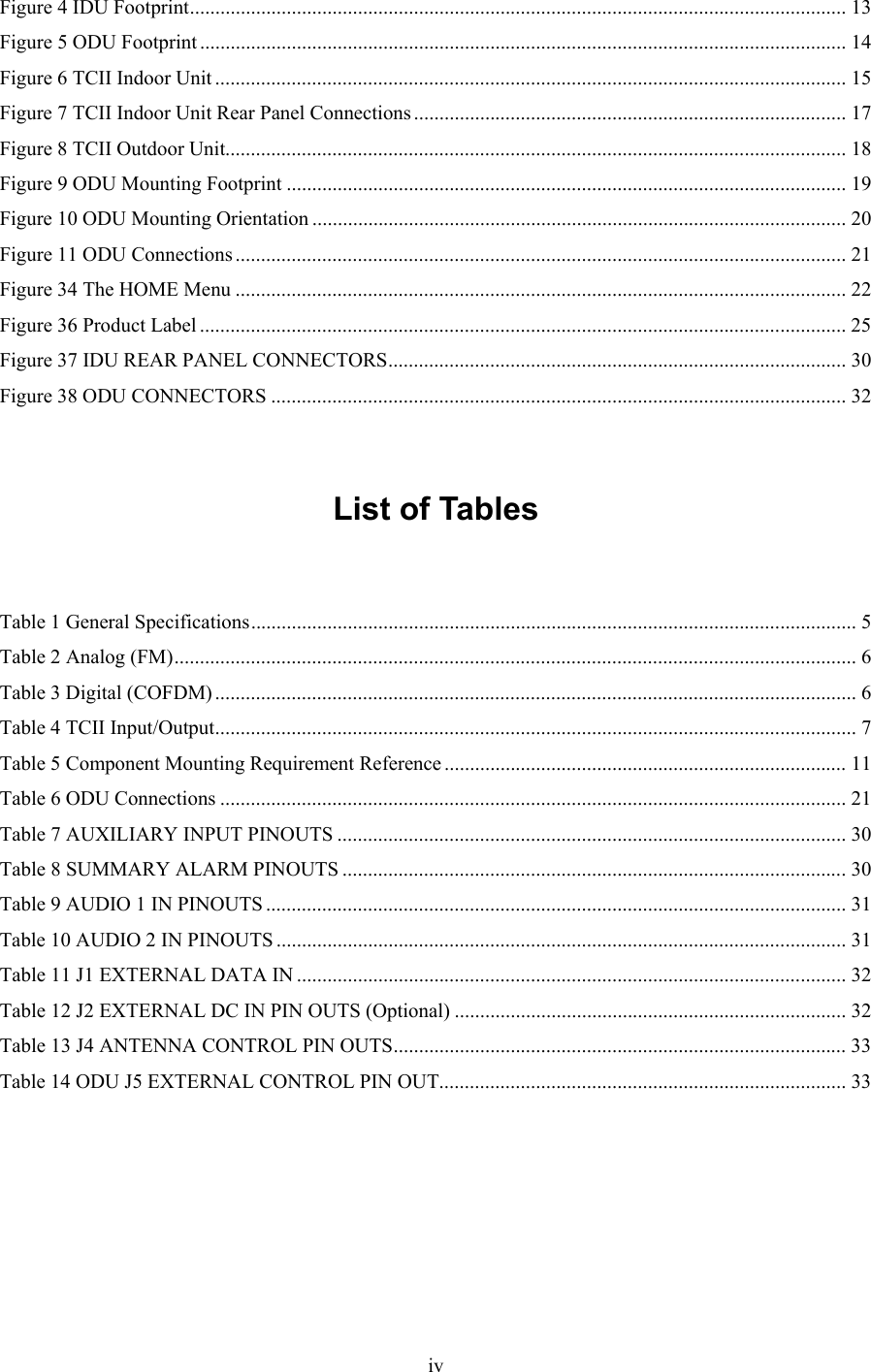  ivFigure 4 IDU Footprint................................................................................................................................. 13 Figure 5 ODU Footprint ............................................................................................................................... 14 Figure 6 TCII Indoor Unit ............................................................................................................................ 15 Figure 7 TCII Indoor Unit Rear Panel Connections ..................................................................................... 17 Figure 8 TCII Outdoor Unit.......................................................................................................................... 18 Figure 9 ODU Mounting Footprint .............................................................................................................. 19 Figure 10 ODU Mounting Orientation ......................................................................................................... 20 Figure 11 ODU Connections ........................................................................................................................ 21 Figure 34 The HOME Menu ........................................................................................................................ 22 Figure 36 Product Label ............................................................................................................................... 25 Figure 37 IDU REAR PANEL CONNECTORS.......................................................................................... 30 Figure 38 ODU CONNECTORS ................................................................................................................. 32   List of Tables   Table 1 General Specifications....................................................................................................................... 5 Table 2 Analog (FM)...................................................................................................................................... 6 Table 3 Digital (COFDM).............................................................................................................................. 6 Table 4 TCII Input/Output.............................................................................................................................. 7 Table 5 Component Mounting Requirement Reference ............................................................................... 11 Table 6 ODU Connections ........................................................................................................................... 21 Table 7 AUXILIARY INPUT PINOUTS .................................................................................................... 30 Table 8 SUMMARY ALARM PINOUTS ...................................................................................................30 Table 9 AUDIO 1 IN PINOUTS .................................................................................................................. 31 Table 10 AUDIO 2 IN PINOUTS ................................................................................................................ 31 Table 11 J1 EXTERNAL DATA IN ............................................................................................................ 32 Table 12 J2 EXTERNAL DC IN PIN OUTS (Optional) ............................................................................. 32 Table 13 J4 ANTENNA CONTROL PIN OUTS......................................................................................... 33 Table 14 ODU J5 EXTERNAL CONTROL PIN OUT................................................................................ 33      