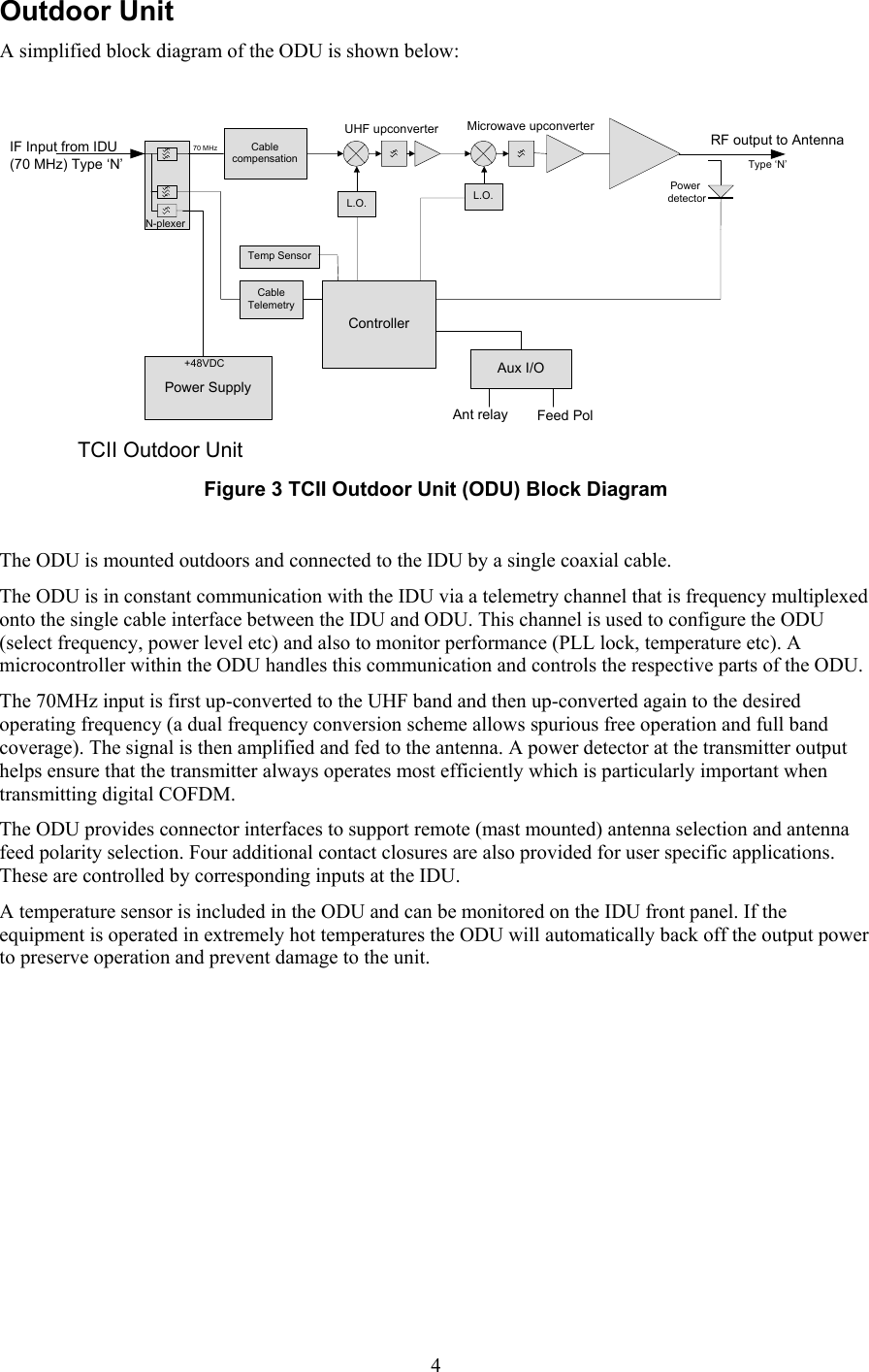  4Outdoor Unit A simplified block diagram of the ODU is shown below:  IF Input from IDU(70 MHz) Type &lsquo;N&rsquo;Power Supply+48VDCCable TelemetryControllerN-plexerL.O.70 MHzL.O.RF output to AntennaPower detectorCable compensation  Type &lsquo;N&rsquo;Temp SensorMicrowave upconverterUHF upconverterAux I/OAnt relay Feed PolTCII Outdoor Unit  Figure 3 TCII Outdoor Unit (ODU) Block Diagram  The ODU is mounted outdoors and connected to the IDU by a single coaxial cable. The ODU is in constant communication with the IDU via a telemetry channel that is frequency multiplexed onto the single cable interface between the IDU and ODU. This channel is used to configure the ODU (select frequency, power level etc) and also to monitor performance (PLL lock, temperature etc). A microcontroller within the ODU handles this communication and controls the respective parts of the ODU. The 70MHz input is first up-converted to the UHF band and then up-converted again to the desired operating frequency (a dual frequency conversion scheme allows spurious free operation and full band coverage). The signal is then amplified and fed to the antenna. A power detector at the transmitter output helps ensure that the transmitter always operates most efficiently which is particularly important when transmitting digital COFDM. The ODU provides connector interfaces to support remote (mast mounted) antenna selection and antenna feed polarity selection. Four additional contact closures are also provided for user specific applications. These are controlled by corresponding inputs at the IDU.  A temperature sensor is included in the ODU and can be monitored on the IDU front panel. If the equipment is operated in extremely hot temperatures the ODU will automatically back off the output power to preserve operation and prevent damage to the unit.   