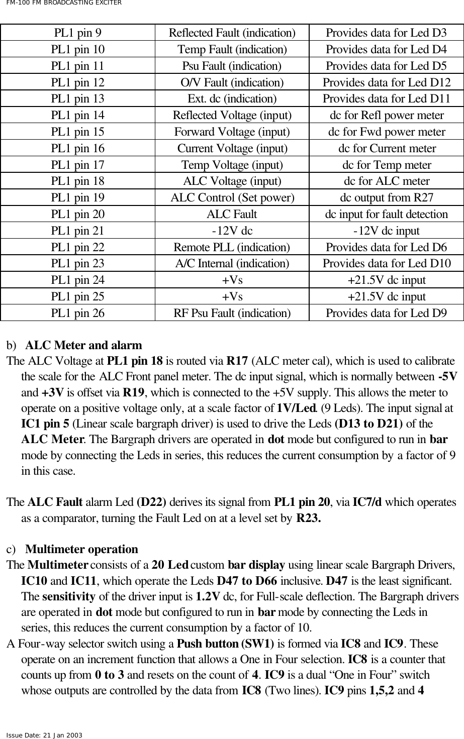  FM-100 FM BROADCASTING EXCITER Issue Date: 21 Jan 2003 PL1 pin 9 Reflected Fault (indication) Provides data for Led D3 PL1 pin 10 Temp Fault (indication) Provides data for Led D4 PL1 pin 11 Psu Fault (indication) Provides data for Led D5 PL1 pin 12 O/V Fault (indication) Provides data for Led D12 PL1 pin 13 Ext. dc (indication) Provides data for Led D11 PL1 pin 14 Reflected Voltage (input) dc for Refl power meter PL1 pin 15 Forward Voltage (input) dc for Fwd power meter PL1 pin 16 Current Voltage (input) dc for Current meter PL1 pin 17 Temp Voltage (input) dc for Temp meter PL1 pin 18 ALC Voltage (input) dc for ALC meter PL1 pin 19 ALC Control (Set power) dc output from R27 PL1 pin 20 ALC Fault dc input for fault detection  PL1 pin 21 -12V dc -12V dc input PL1 pin 22 Remote PLL (indication) Provides data for Led D6 PL1 pin 23 A/C Internal (indication) Provides data for Led D10 PL1 pin 24 +Vs +21.5V dc input PL1 pin 25 +Vs +21.5V dc input PL1 pin 26 RF Psu Fault (indication) Provides data for Led D9  b) ALC Meter and alarm The ALC Voltage at PL1 pin 18 is routed via R17 (ALC meter cal), which is used to calibrate the scale for the ALC Front panel meter. The dc input signal, which is normally between -5V and +3V is offset via R19, which is connected to the +5V supply. This allows the meter to operate on a positive voltage only, at a scale factor of 1V/Led. (9 Leds). The input signal at IC1 pin 5 (Linear scale bargraph driver) is used to drive the Leds (D13 to D21) of the ALC Meter. The Bargraph drivers are operated in dot mode but configured to run in bar mode by connecting the Leds in series, this reduces the current consumption by a factor of 9 in this case.    The ALC Fault alarm Led (D22) derives its signal from PL1 pin 20, via IC7/d which operates as a comparator, turning the Fault Led on at a level set by R23.    c) Multimeter operation The Multimeter consists of a 20 Led custom bar display using linear scale Bargraph Drivers, IC10 and IC11, which operate the Leds D47 to D66 inclusive. D47 is the least significant. The sensitivity of the driver input is 1.2V dc, for Full-scale deflection. The Bargraph drivers are operated in dot mode but configured to run in bar mode by connecting the Leds in series, this reduces the current consumption by a factor of 10. A Four-way selector switch using a Push button (SW1) is formed via IC8 and IC9. These operate on an increment function that allows a One in Four selection. IC8 is a counter that counts up from 0 to 3 and resets on the count of 4. IC9 is a dual “One in Four” switch whose outputs are controlled by the data from IC8 (Two lines). IC9 pins 1,5,2 and 4 