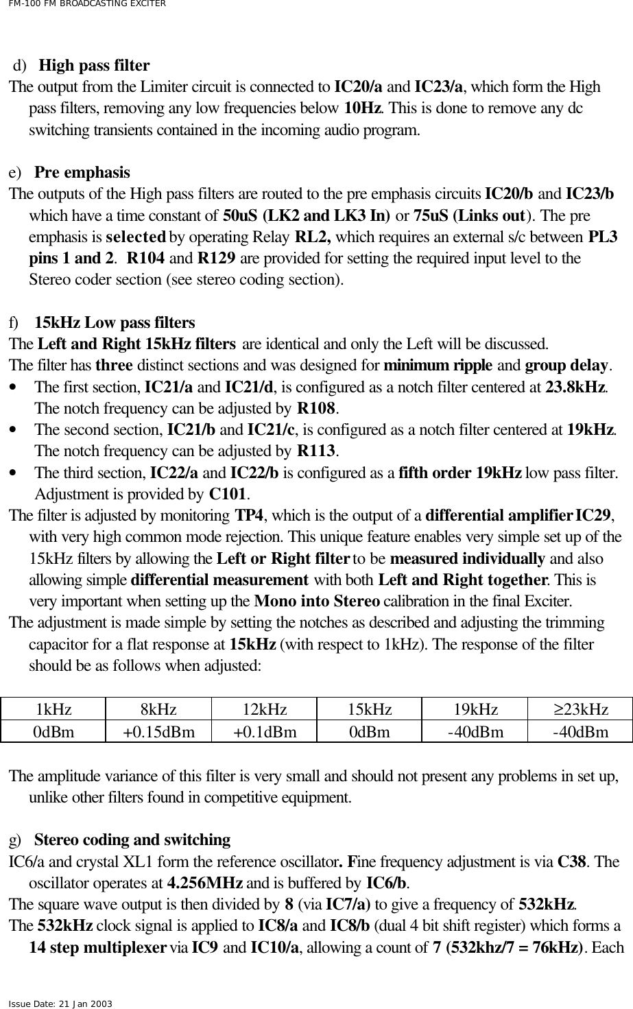  FM-100 FM BROADCASTING EXCITER Issue Date: 21 Jan 2003  d) High pass filter The output from the Limiter circuit is connected to IC20/a and IC23/a, which form the High pass filters, removing any low frequencies below 10Hz. This is done to remove any dc switching transients contained in the incoming audio program.  e) Pre emphasis  The outputs of the High pass filters are routed to the pre emphasis circuits IC20/b and IC23/b which have a time constant of 50uS (LK2 and LK3 In) or 75uS (Links out). The pre emphasis is selected by operating Relay RL2, which requires an external s/c between PL3 pins 1 and 2.  R104 and R129 are provided for setting the required input level to the Stereo coder section (see stereo coding section).  f) 15kHz Low pass filters The Left and Right 15kHz filters are identical and only the Left will be discussed. The filter has three distinct sections and was designed for minimum ripple and group delay. • The first section, IC21/a and IC21/d, is configured as a notch filter centered at 23.8kHz. The notch frequency can be adjusted by R108. • The second section, IC21/b and IC21/c, is configured as a notch filter centered at 19kHz. The notch frequency can be adjusted by R113.  • The third section, IC22/a and IC22/b is configured as a fifth order 19kHz low pass filter. Adjustment is provided by C101.  The filter is adjusted by monitoring TP4, which is the output of a differential amplifier IC29, with very high common mode rejection. This unique feature enables very simple set up of the 15kHz filters by allowing the Left or Right filter to be measured individually and also allowing simple differential measurement with both Left and Right together. This is very important when setting up the Mono into Stereo calibration in the final Exciter.  The adjustment is made simple by setting the notches as described and adjusting the trimming capacitor for a flat response at 15kHz (with respect to 1kHz). The response of the filter should be as follows when adjusted:   1kHz 8kHz 12kHz 15kHz 19kHz ≥23kHz 0dBm +0.15dBm +0.1dBm 0dBm -40dBm -40dBm  The amplitude variance of this filter is very small and should not present any problems in set up, unlike other filters found in competitive equipment.   g) Stereo coding and switching  IC6/a and crystal XL1 form the reference oscillator. Fine frequency adjustment is via C38. The oscillator operates at 4.256MHz and is buffered by IC6/b. The square wave output is then divided by 8 (via IC7/a) to give a frequency of 532kHz. The 532kHz clock signal is applied to IC8/a and IC8/b (dual 4 bit shift register) which forms a 14 step multiplexer via IC9 and IC10/a, allowing a count of 7 (532khz/7 = 76kHz). Each 