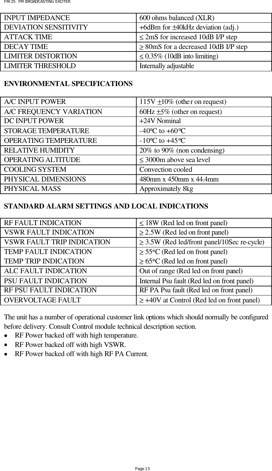 FM-25  FM BROADCASTING EXCITER Page 13 INPUT IMPEDANCE 600 ohms balanced (XLR)  DEVIATION SENSITIVITY +6dBm for ±40kHz deviation (adj.) ATTACK TIME ≤ 2mS for increased 10dB I/P step DECAY TIME ≥ 80mS for a decreased 10dB I/P step LIMITER DISTORTION ≤ 0.35% (10dB into limiting) LIMITER THRESHOLD Internally adjustable  ENVIRONMENTAL SPECIFICATIONS    A/C INPUT POWER 115V ±10% (other on request) A/C FREQUENCY VARIATION 60Hz ±5% (other on request) DC INPUT POWER +24V Nominal  STORAGE TEMPERATURE -40°C to +60°C OPERATING TEMPERATURE -10°C to +45°C RELATIVE HUMIDITY 20% to 90% (non condensing) OPERATING ALTITUDE ≤ 3000m above sea level COOLING SYSTEM Convection cooled  PHYSICAL DIMENSIONS 480mm x 450mm x 44.4mm PHYSICAL MASS Approximately 8kg   STANDARD ALARM SETTINGS AND LOCAL INDICATIONS    RF FAULT INDICATION ≤ 18W (Red led on front panel) VSWR FAULT INDICATION ≥ 2.5W (Red led on front panel) VSWR FAULT TRIP INDICATION ≥ 3.5W (Red led/front panel/10Sec re-cycle) TEMP FAULT INDICATION ≥ 55°C (Red led on front panel) TEMP TRIP INDICATION ≥ 65°C (Red led on front panel) ALC FAULT INDICATION Out of range (Red led on front panel)  PSU FAULT INDICATION Internal Psu fault (Red led on front panel) RF PSU FAULT INDICATION RF PA Psu fault (Red led on front panel) OVERVOLTAGE FAULT ≥ +40V at Control (Red led on front panel)    The unit has a number of operational customer link options which should normally be configured before delivery. Consult Control module technical description section.  • RF Power backed off with high temperature. • RF Power backed off with high VSWR. • RF Power backed off with high RF PA Current.  