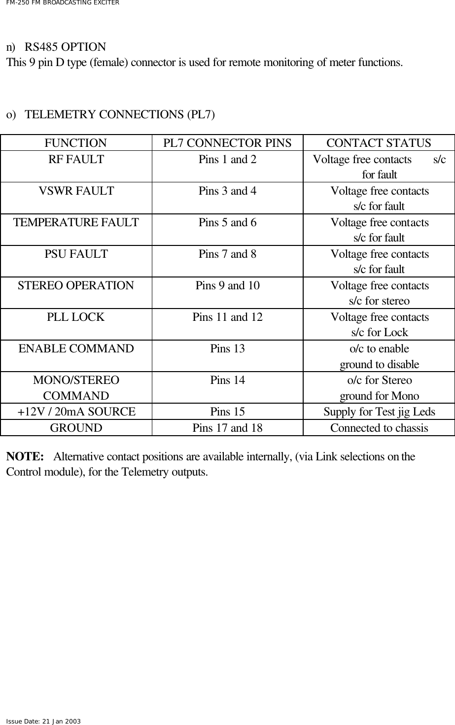  FM-250 FM BROADCASTING EXCITER Issue Date: 21 Jan 2003  n) RS485 OPTION This 9 pin D type (female) connector is used for remote monitoring of meter functions.    o) TELEMETRY CONNECTIONS (PL7)  FUNCTION PL7 CONNECTOR PINS CONTACT STATUS RF FAULT Pins 1 and 2 Voltage free contacts       s/c for fault VSWR FAULT Pins 3 and 4 Voltage free contacts s/c for fault TEMPERATURE FAULT Pins 5 and 6 Voltage free contacts s/c for fault PSU FAULT Pins 7 and 8 Voltage free contacts s/c for fault STEREO OPERATION Pins 9 and 10 Voltage free contacts s/c for stereo PLL LOCK Pins 11 and 12 Voltage free contacts s/c for Lock ENABLE COMMAND Pins 13  o/c to enable ground to disable MONO/STEREO COMMAND Pins 14 o/c for Stereo ground for Mono +12V / 20mA SOURCE Pins 15  Supply for Test jig Leds GROUND Pins 17 and 18 Connected to chassis  NOTE:   Alternative contact positions are available internally, (via Link selections on the Control module), for the Telemetry outputs.              