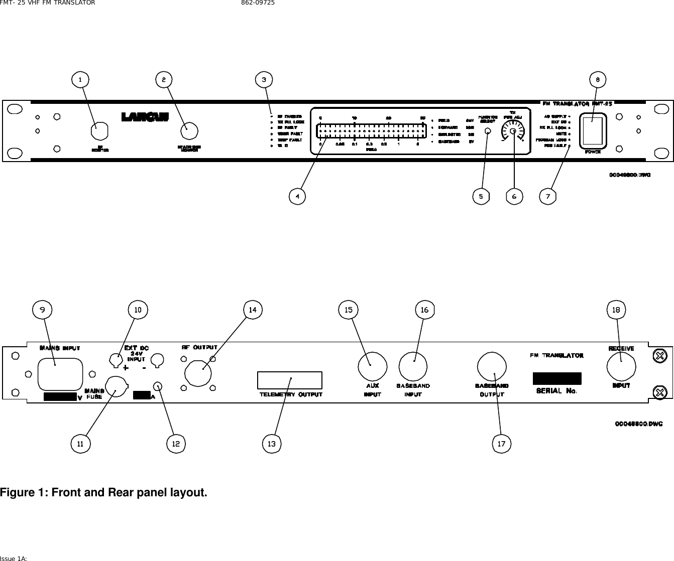 FMT- 25 VHF FM TRANSLATOR                                                              862-09725 Issue 1A:              Figure 1: Front and Rear panel layout. 