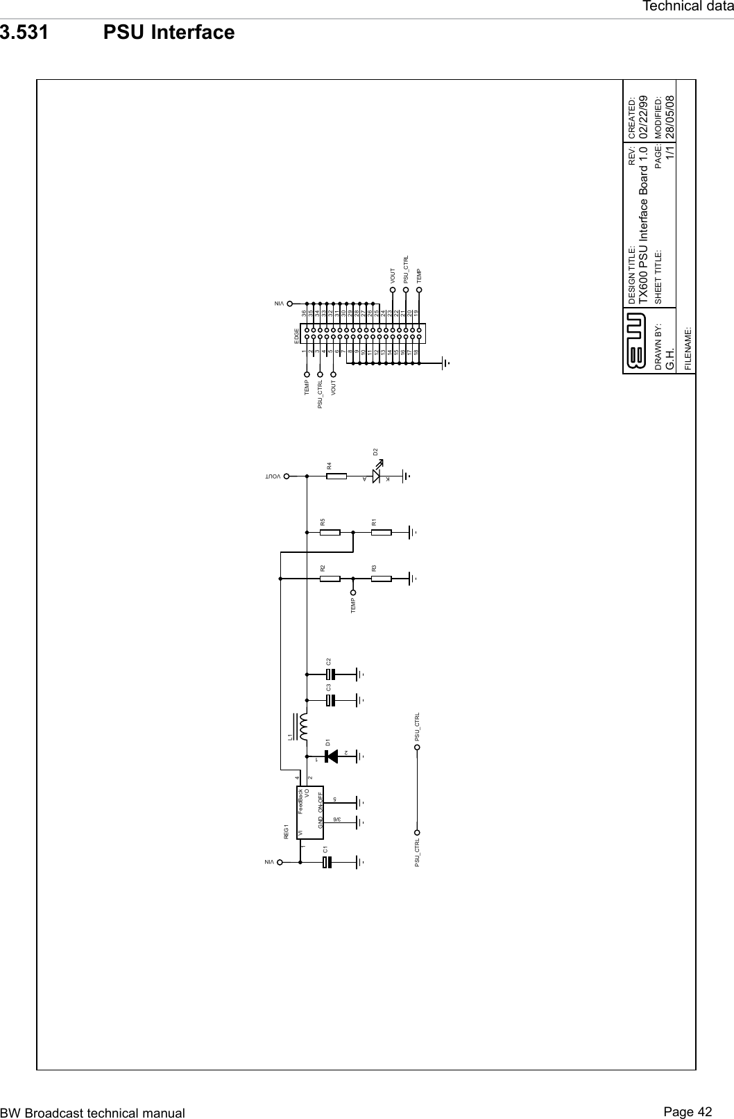 BW Broadcast technical manual Page 42Technical data3.531   PSU InterfaceVI1VO 2GND3/6FeedBack 4ON-OFF5REG1C1L1C3R2R112D1VINVOUTR4TEMPR3C2PSU_CTRL PSU_CTRL123434333231530629728827926102511241223132214211520161917183635EDGEVINR5TEMPAKD2PSU_CTRLPSU_CTRLVOUTVOUTTEMPDESIGN TITLE:DRAWN BY:CREATED:PAGE:TX600 PSU Interface Board28/05/081/1.H.GREV:1.0:DEIFIDOM:ELTITTEEHS02/22/99FILENAME: