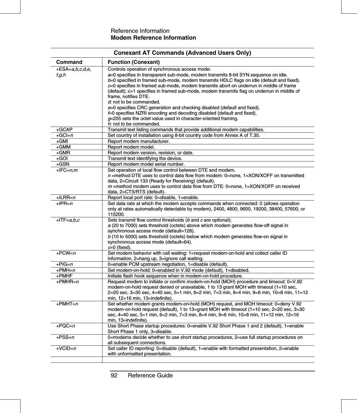 Reference InformationModem Reference Information92 Reference GuideConexant AT Commands (Advanced Users Only)Command Function (Conexant)+ESA=a,b,c,d,e,f,g,hControls operation of synchronous access mode:a=0 specifies in transparent sub-mode, modem transmits 8-bit SYN sequence on idle.b=0 specified in framed sub-mode, modem transmits HDLC flags on idle (default and fixed).c=0 specifies in framed sub-mode, modem transmits abort on underrun in middle of frame(default); c=1 specifies in framed sub-mode, modem transmits flag on underrun in middle offrame, notifies DTE.d: not to be commanded.e=0 specifies CRC generation and checking disabled (default and fixed).f=0 specifies NZRI encoding and decoding disabled (default and fixed).g=255 sets the octet value used in character-oriented framing.h: not to be commanded.+GCAP Transmit text listing commands that provide additional modem capabilities.+GCI=nSet country of installation using 8-bit country code from Annex A of T.35.+GMI Report modem manufacturer.+GMM Report modem model.+GMR Report modem version, revision, or date.+GOI Transmit text identifying the device.+GSN Report modem model serial number.+IFC=n,mSet operation of local flow control between DTE and modem.n=method DTE uses to control data flow from modem: 0=none, 1=XON/XOFF on transmitteddata, 2=Circuit 133 (Ready for Receiving) (default).m=method modem uses to control data flow from DTE: 0=none, 1=XON/XOFF on receiveddata, 2=CTS/RTS (default).+ILRR=nReport local port rate: 0=disable, 1=enable.+IPR=nSet data rate at which the modem accepts commands when connected: 0 (allows operationonly at rates automatically detectable by modem), 2400, 4800, 9600, 19200, 38400, 57600, or115200.+ITF=a,b,cSets transmit flow control thresholds (band care optional):a(20 to 7000) sets threshold (octets) above which modem generates flow-off signal insynchronous access mode (default=128).b(10 to 5000) sets threshold (octets) below which modem generates flow-on signal insynchronous access mode (default=64).c=0 (fixed).+PCW=nSet modem behavior with call waiting: 1=request modem-on-hold and collect caller IDinformation, 2=hang up, 3=ignore call waiting.+PIG=n0=enable PCM upstream negotiation, 1=disable (default).+PMH=nSet modem-on-hold: 0=enabled in V.92 mode (default), 1=disabled.+PMHF Initiate flash hook sequence when in modem-on-hold procedure.+PMHR=nRequest modem to initiate or confirm modem-on-hold (MOH) procedure and timeout: 0=V.92modem-on-hold request denied or unavailable, 1 to 13 grant MOH with timeout (1=10 sec,2=20 sec, 3=30 sec, 4=40 sec, 5=1 min, 6=2 min, 7=3 min, 8=4 min, 9=6 min, 10=8 min, 11=12min, 12=16 min, 13=indefinite).+PMHT=nSet whether modem grants modem-on-hold (MOH) request, and MOH timeout: 0=deny V.92modem-on-hold request (default), 1 to 13=grant MOH with timeout (1=10 sec, 2=20 sec, 3=30sec, 4=40 sec, 5=1 min, 6=2 min, 7=3 min, 8=4 min, 9=6 min, 10=8 min, 11=12 min, 12=16min, 13=indefinite).+PQC=nUse Short Phase startup procedures: 0=enable V.92 Short Phase 1 and 2 (default), 1=enableShort Phase 1 only, 3=disable.+PSS=n0=modems decide whether to use short startup procedures, 2=use full startup procedures onall subsequent connections.+VCID=nSet caller ID reporting: 0=disable (default), 1=enable with formatted presentation, 2=enablewith unformatted presentation.