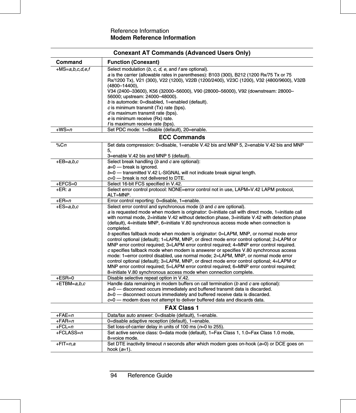 Reference InformationModem Reference Information94 Reference GuideConexant AT Commands (Advanced Users Only)Command Function (Conexant)+MS=a,b,c,d,e,fSelect modulation (b,c,d,e, and fare optional).ais the carrier (allowable rates in parentheses): B103 (300), B212 (1200 Rx/75 Tx or 75Rx/1200 Tx), V21 (300), V22 (1200), V22B (1200/2400), V23C (1200), V32 (4800/9600), V32B(4800–14400),V34 (2400–33600), K56 (32000–56000), V90 (28000–56000), V92 (downstream: 28000–56000; upstream: 24000–48000).bis automode: 0=disabled, 1=enabled (default).cis minimum transmit (Tx) rate (bps).dis maximum transmit rate (bps).eis minimum receive (Rx) rate.fis maximum receive rate (bps).+WS=nSet PDC mode: 1=disable (default), 20=enable.ECC Commands%CnSet data compression: 0=disable, 1=enable V.42 bis and MNP 5, 2=enable V.42 bis and MNP5,3=enable V.42 bis and MNP 5 (default).+EB=a,b,cSelect break handling (band care optional):a=0 — break is ignored.b=0 — transmitted V.42 L-SIGNAL will not indicate break signal length.c=0 — break is not delivered to DTE.+EFCS=0 Select 16-bit FCS specified in V.42.+ER: aSelect error control protocol: NONE=error control not in use, LAPM=V.42 LAPM protocol,ALT=MNP.+ER=nError control reporting: 0=disable, 1=enable.+ES=a,b,cSelect error control and synchronous mode (band care optional).ais requested mode when modem is originator: 0=initiate call with direct mode, 1=initiate callwith normal mode, 2=initiate V.42 without detection phase, 3=initiate V.42 with detection phase(default), 4=initiate MNP, 6=initiate V.80 synchronous access mode when connection iscompleted.bspecifies fallback mode when modem is originator: 0=LAPM, MNP, or normal mode errorcontrol optional (default); 1=LAPM, MNP, or direct mode error control optional; 2=LAPM orMNP error control required; 3=LAPM error control required; 4=MNP error control required.cspecifies fallback mode when modem is answerer or specifies V.80 synchronous accessmode: 1=error control disabled, use normal mode; 2=LAPM, MNP, or normal mode errorcontrol optional (default); 3=LAPM, MNP, or direct mode error control optional; 4=LAPM orMNP error control required; 5=LAPM error control required; 6=MNP error control required;8=initiate V.80 synchronous access mode when connection complete.+ESR=0 Disable selective repeat option in V.42.+ETBM=a,b,cHandle data remaining in modem buffers on call termination (band care optional):a=0 — disconnect occurs immediately and buffered transmit data is discarded.b=0 — disconnect occurs immediately and buffered receive data is discarded.c=0 — modem does not attempt to deliver buffered data and discards data.FAX Class 1+FAE=nData/fax auto answer: 0=disable (default), 1=enable.+FAR=n0=disable adaptive reception (default), 1=enable.+FCL=nSet loss-of-carrier delay in units of 100 ms (n=0 to 255).+FCLASS=nSet active service class: 0=data mode (default), 1=Fax Class 1, 1.0=Fax Class 1.0 mode,8=voice mode.+FIT=n,aSet DTE inactivity timeout nseconds after which modem goes on-hook (a=0) or DCE goes onhook (a=1).