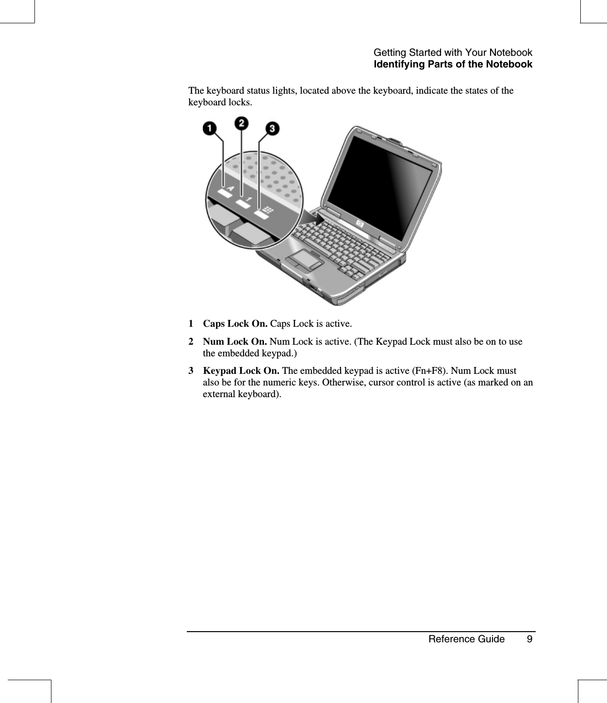 Getting Started with Your NotebookIdentifying Parts of the NotebookReference Guide 9The keyboard status lights, located above the keyboard, indicate the states of thekeyboard locks.1 Caps Lock On. Caps Lock is active.2NumLockOn.Num Lock is active. (The Keypad Lock must also be on to usethe embedded keypad.)3 KeypadLockOn.The embedded keypad is active (Fn+F8). Num Lock mustalso be for the numeric keys. Otherwise, cursor control is active (as marked on anexternal keyboard).